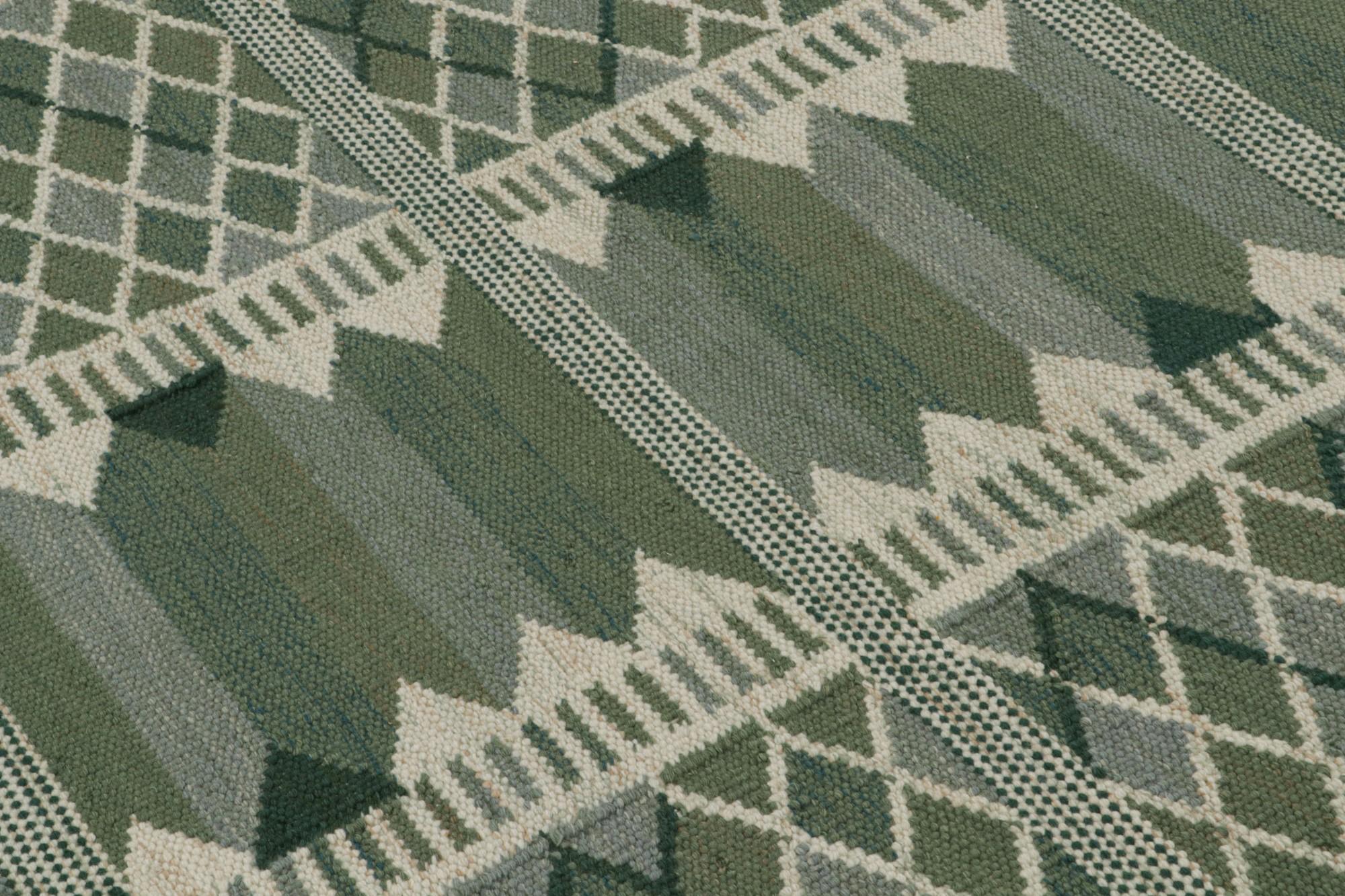 Indian Rug & Kilim’s Scandinavian Style Kilim Rug Design in Green & Beige Patterns For Sale