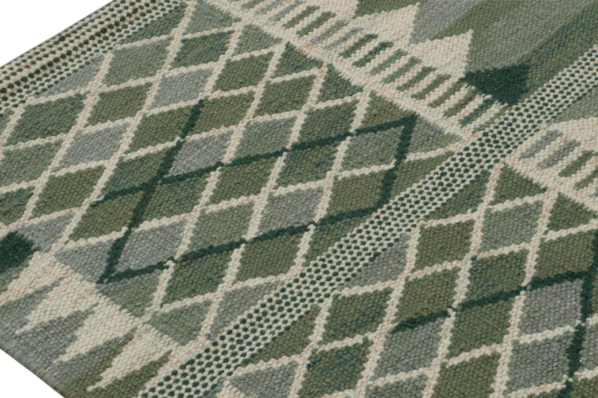Hand-Woven Rug & Kilim’s Scandinavian Style Kilim Rug Design in Green & Beige Patterns For Sale