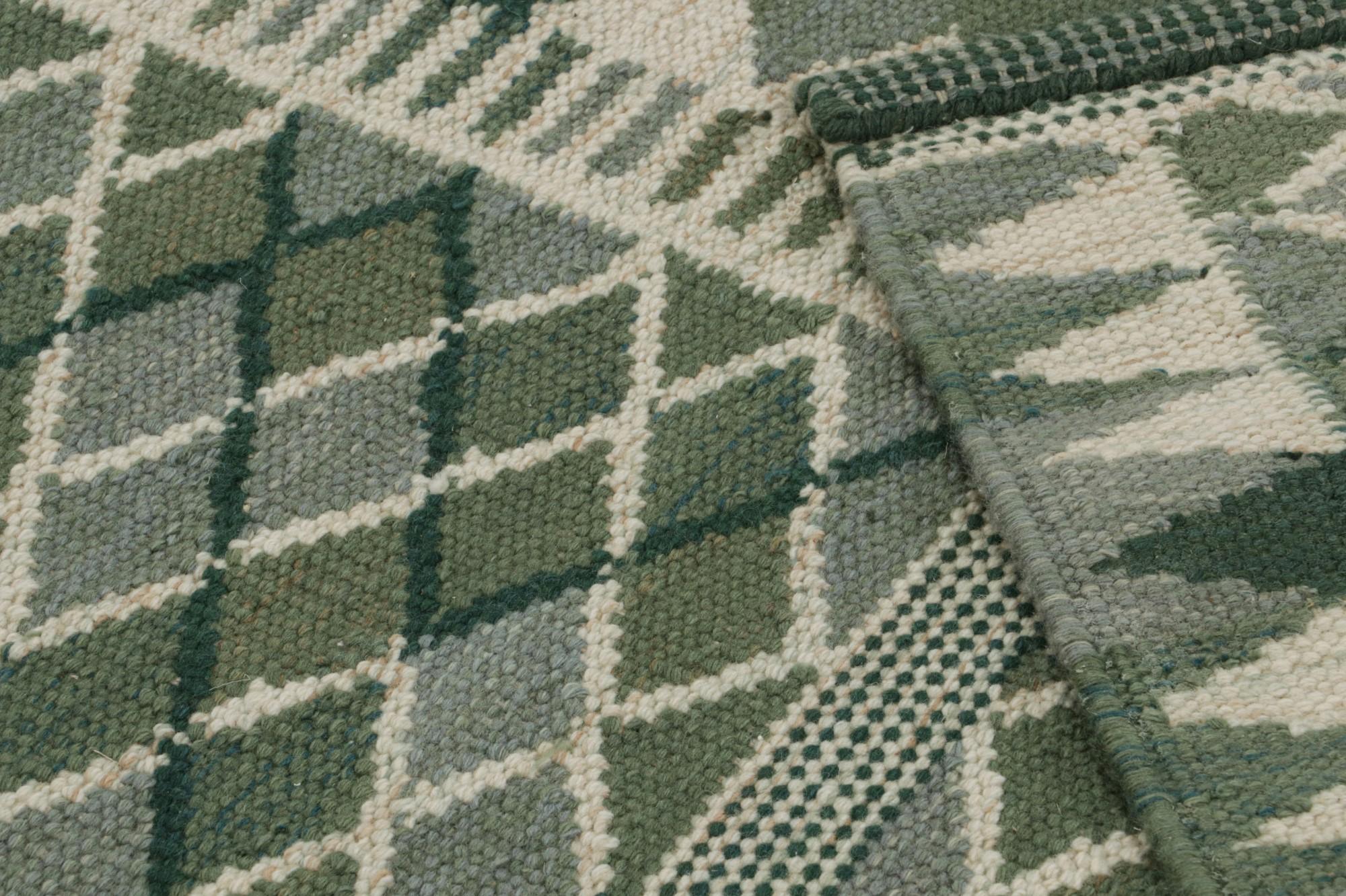 Contemporary Rug & Kilim’s Scandinavian Style Kilim Rug Design in Green & Beige Patterns For Sale