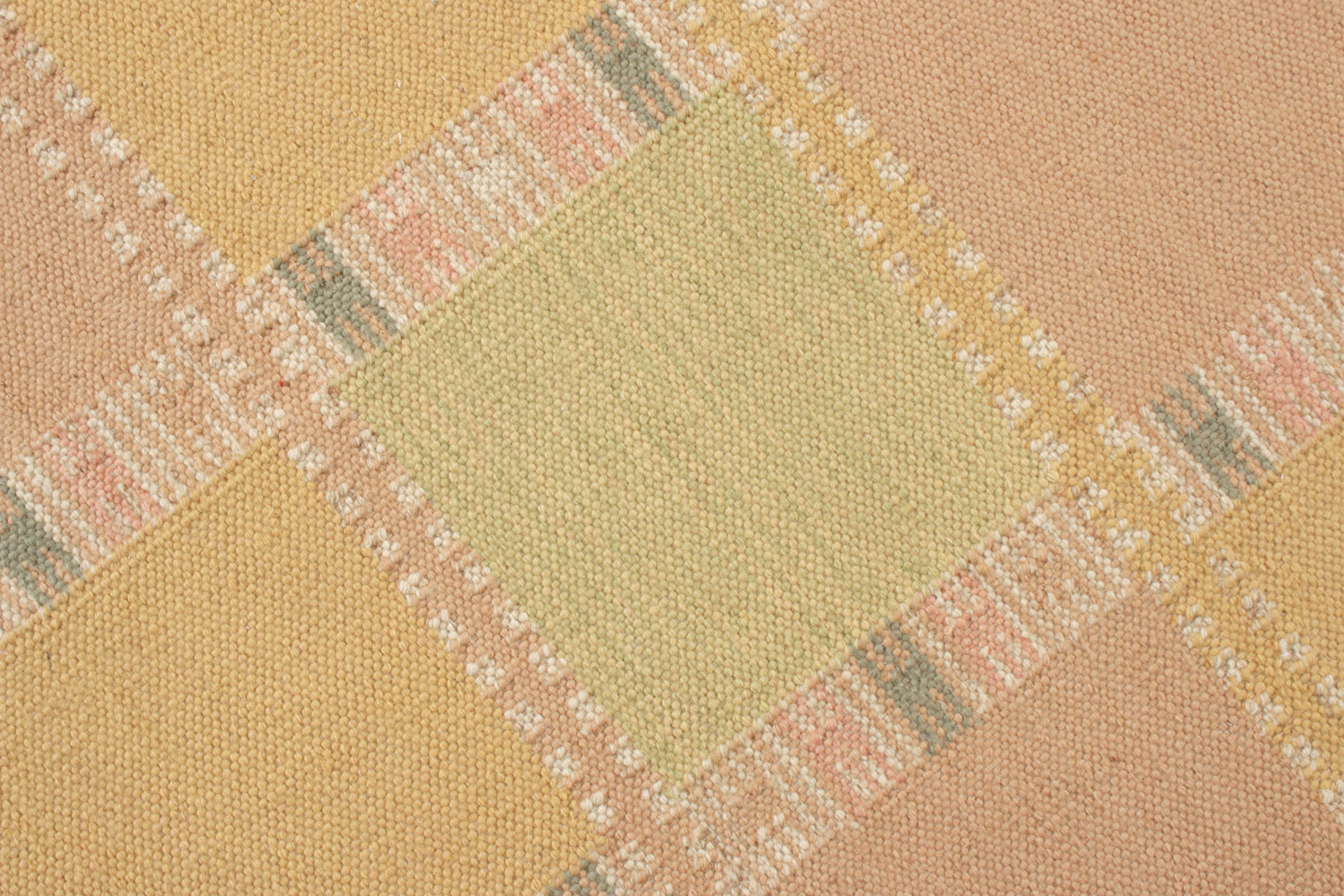 Indian Rug & Kilim’s Scandinavian Style Kilim Rug Green, Yellow, Pink Geometric Pattern For Sale