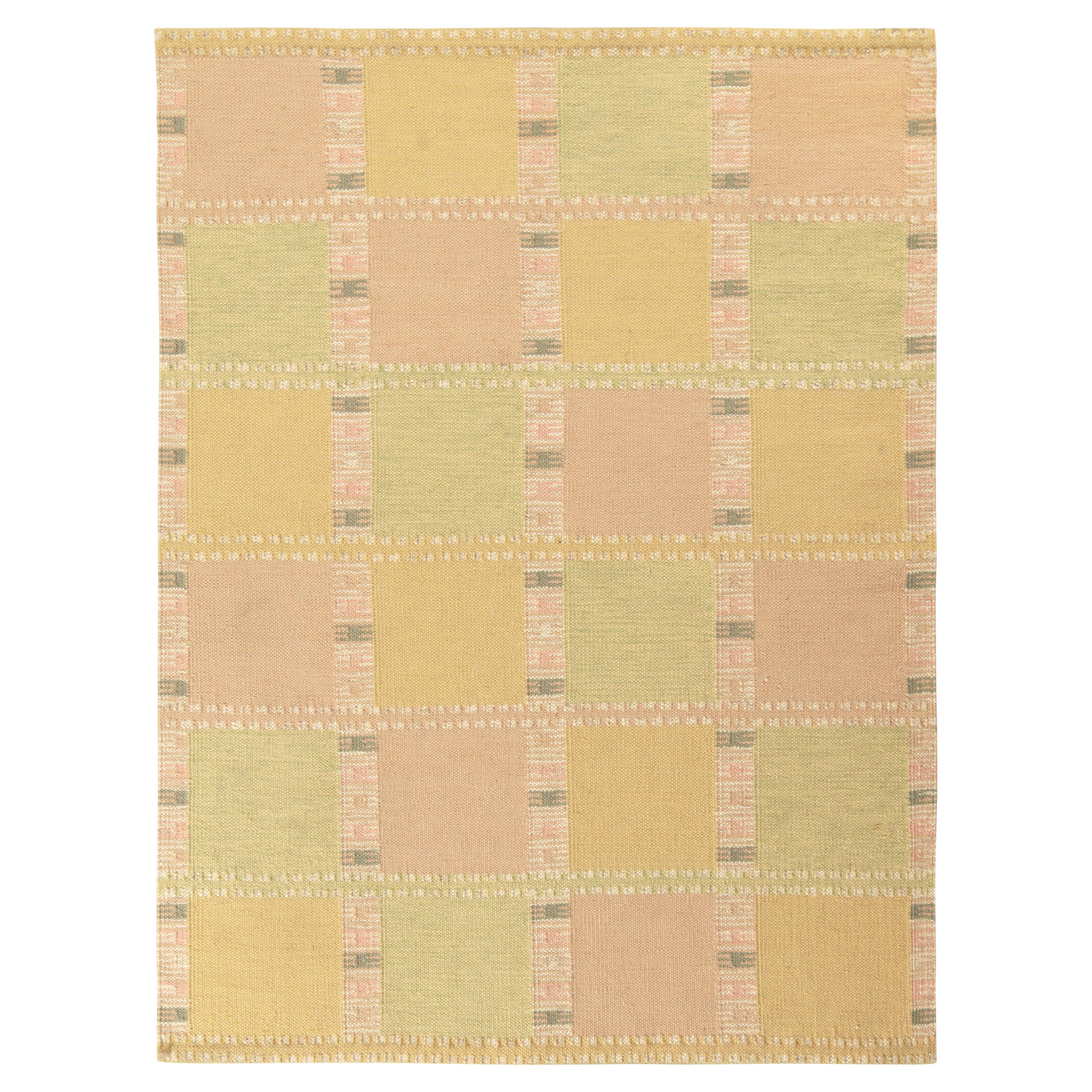 Rug & Kilim’s Scandinavian Style Kilim Rug Green, Yellow, Pink Geometric Pattern For Sale