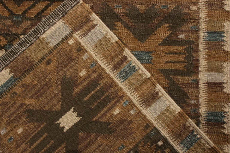 Hand-Knotted Rug & Kilim’s Scandinavian Style Kilim Rug in a Golden, Brown Geometric Pattern For Sale