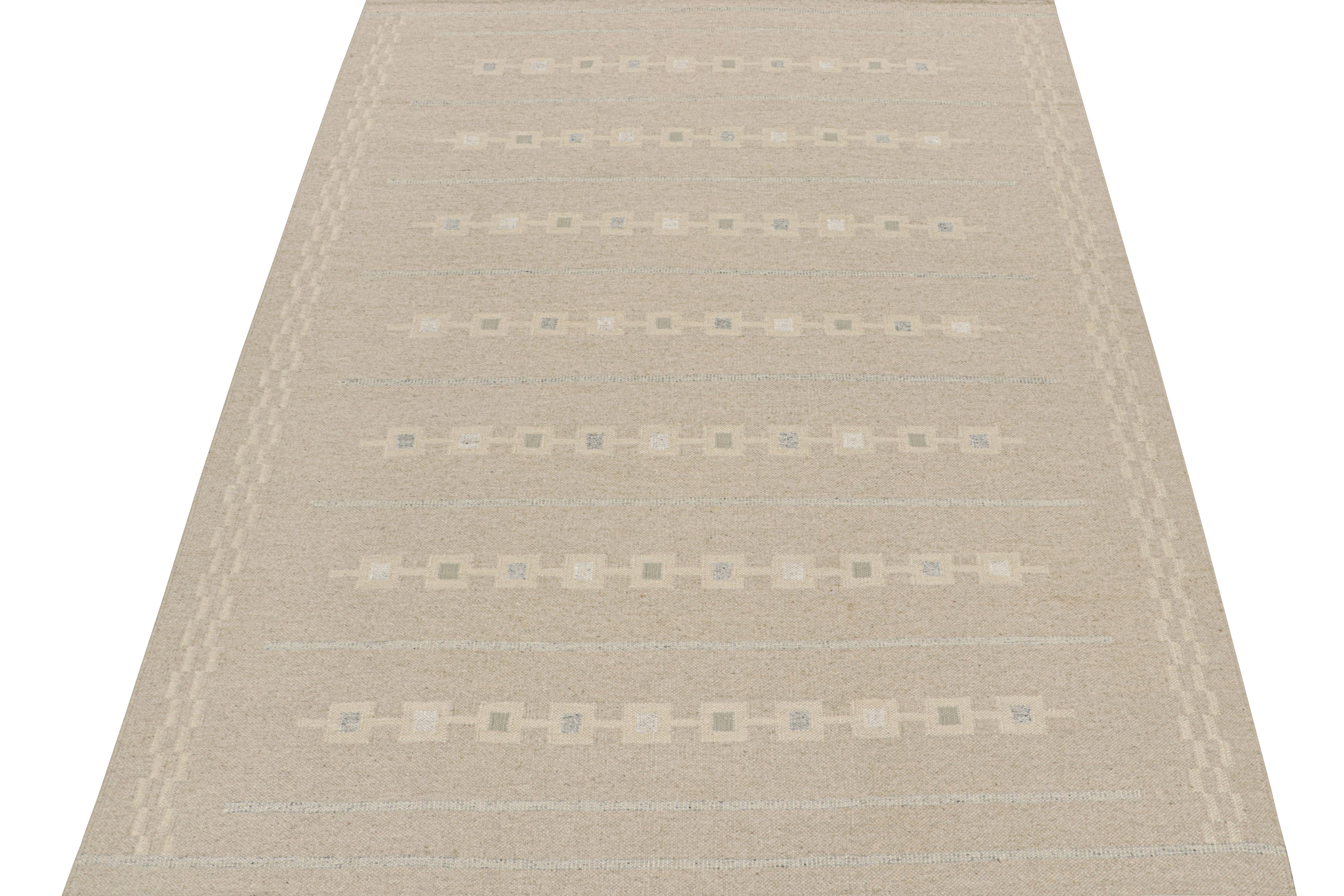 This 9x12 kilim is a new addition to the award-winning Scandinavian flat weave collection by Rug & Kilim. Handwoven in wool, its design is a bold modern take on minimalist Swedish Deco sensibilities in high-end quality.

Further on the Design:

This