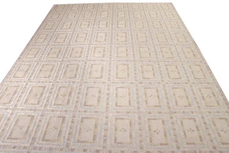 A 13 x 19 Kilim ode to Scandinavian style by Rug & Kilim from the team’s acclaimed titular collection. The rug enjoys a chic, textural play that naturally complements the subtle sheen of beige-brown and white colorway hues through the transitional