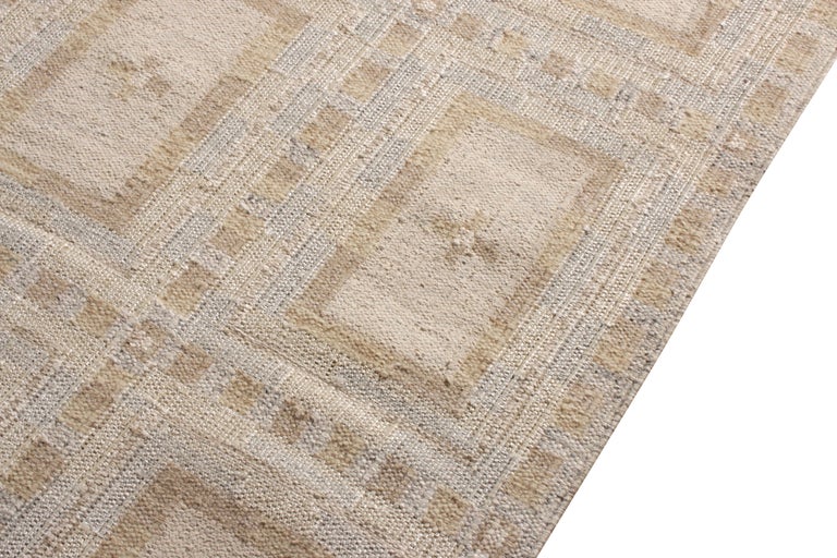 Hand-Knotted Rug & Kilim’s Scandinavian Style Kilim Rug in Beige-Brown Geometric Pattern For Sale