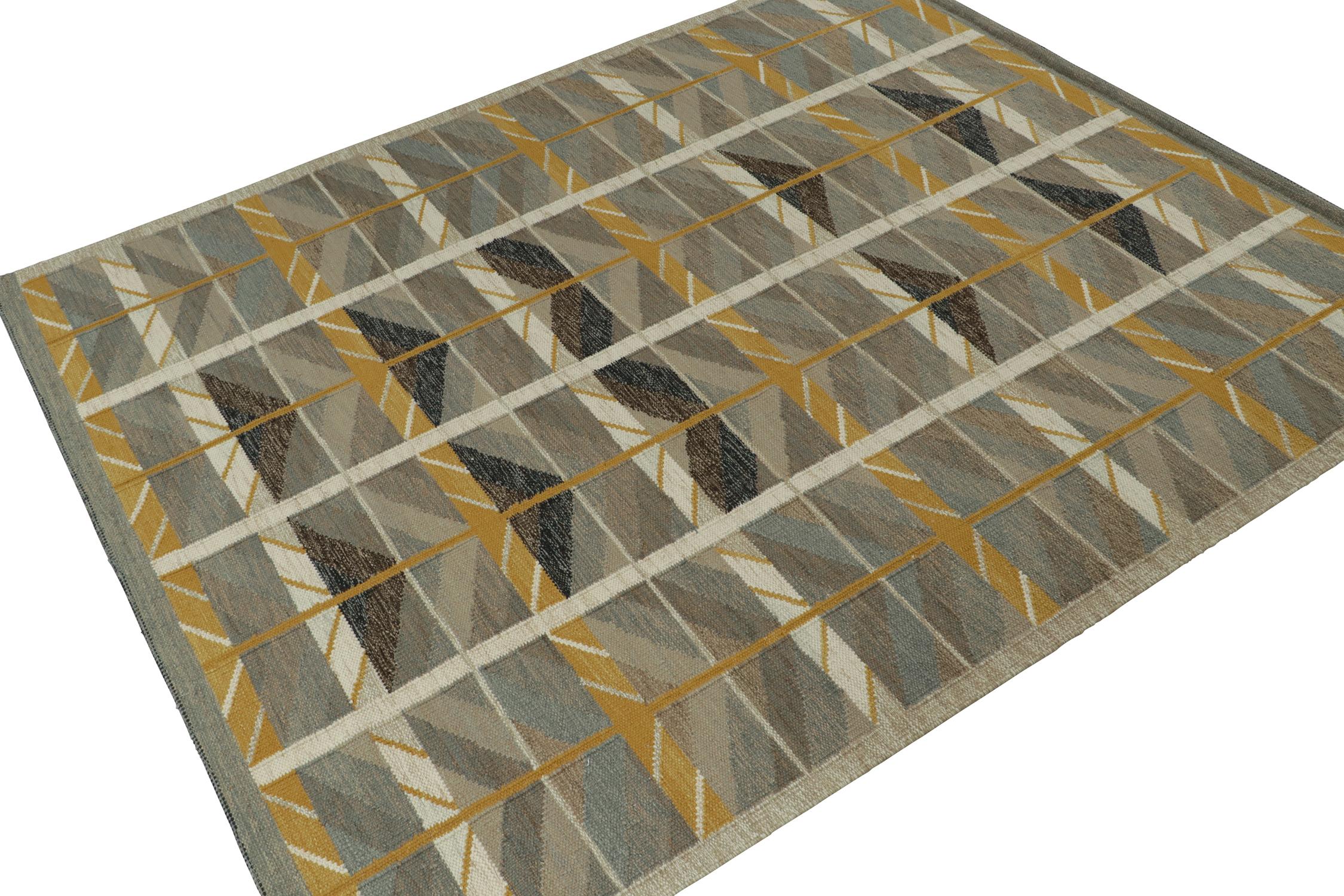 his 8x10 Swedish style kilim is the next addition to Rug & Kilim's award-winning Scandinavian flat weave collection. Handwoven in wool. 
On the design: 
This rug enjoys a smart play of chevrons and grid-like geometric patterns in beige-brown,