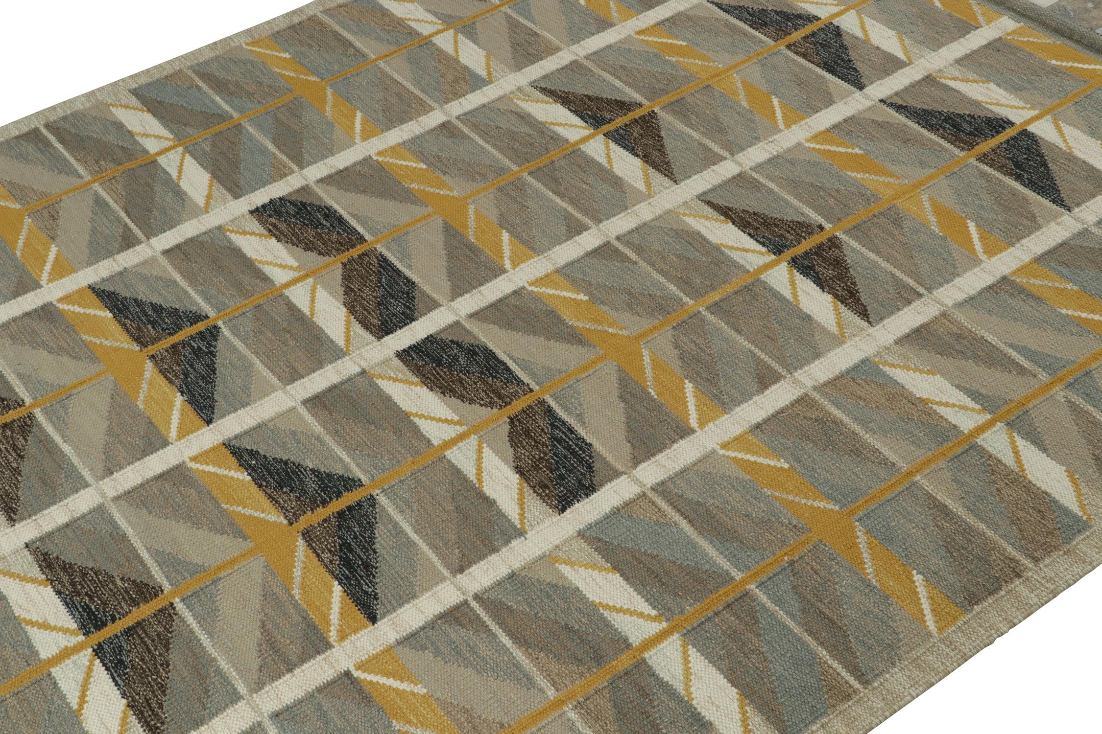 Indian Rug & Kilim’s Scandinavian Style Kilim Rug in Beige-Brown & Gold Geometric Patte For Sale