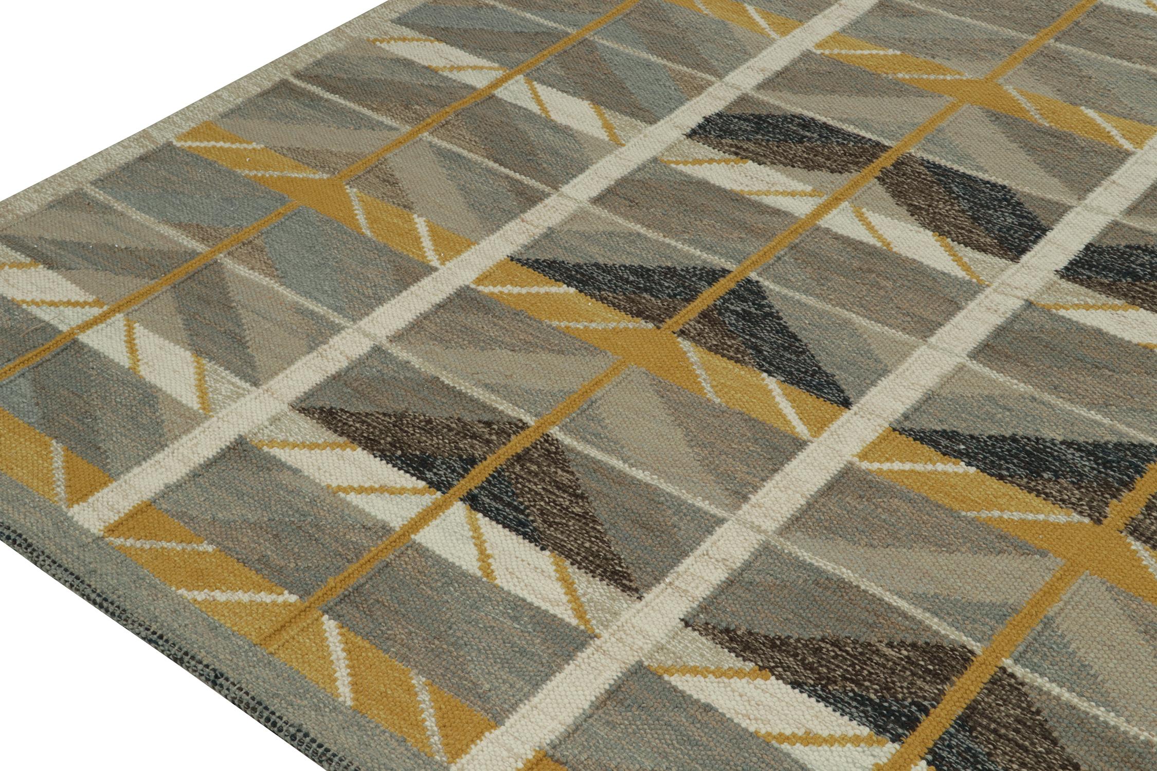 Hand-Knotted Rug & Kilim’s Scandinavian Style Kilim Rug in Beige-Brown & Gold Geometric Patte For Sale