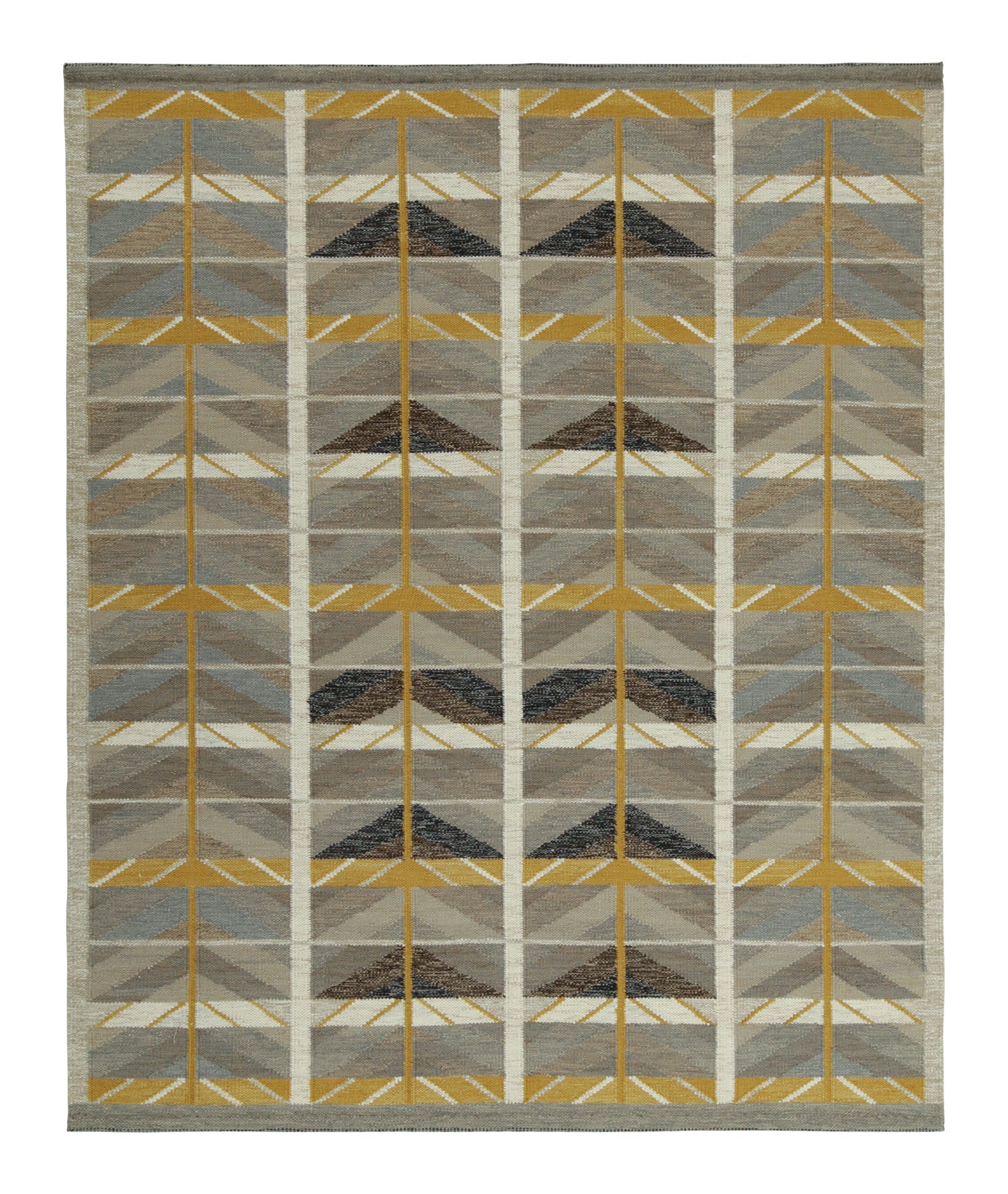 Rug & Kilim’s Scandinavian Style Kilim Rug in Beige-Brown & Gold Geometric Patte For Sale