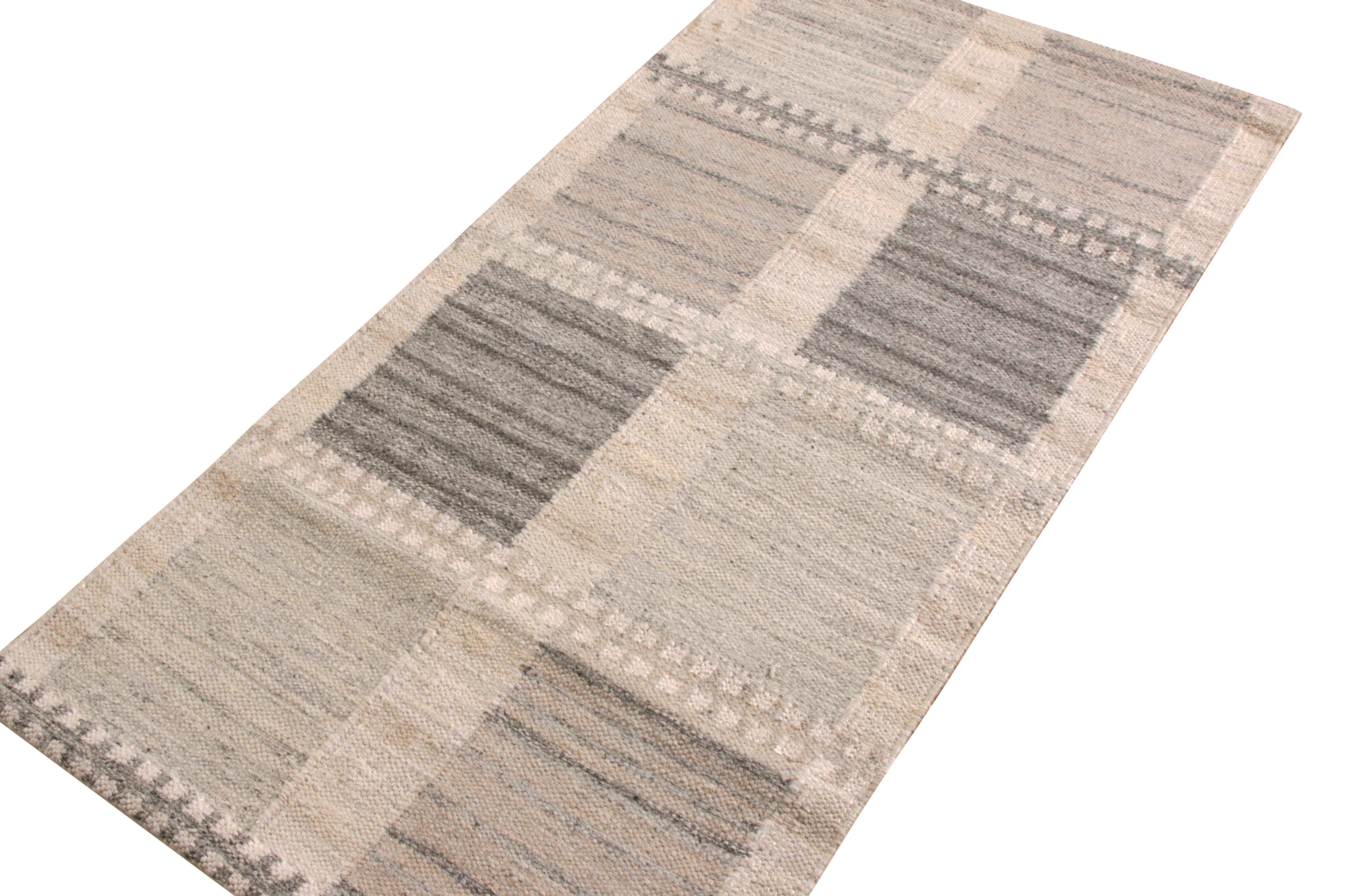 Of nearly a runner size, this classic Scandinavian Kilim is a flattering entry to Rug & Kilim’s acclaimed collection. The rug envisions the bonding of refined symmetry in pattern prospering in earthy hues of beige-brown and gray with crisp blue and