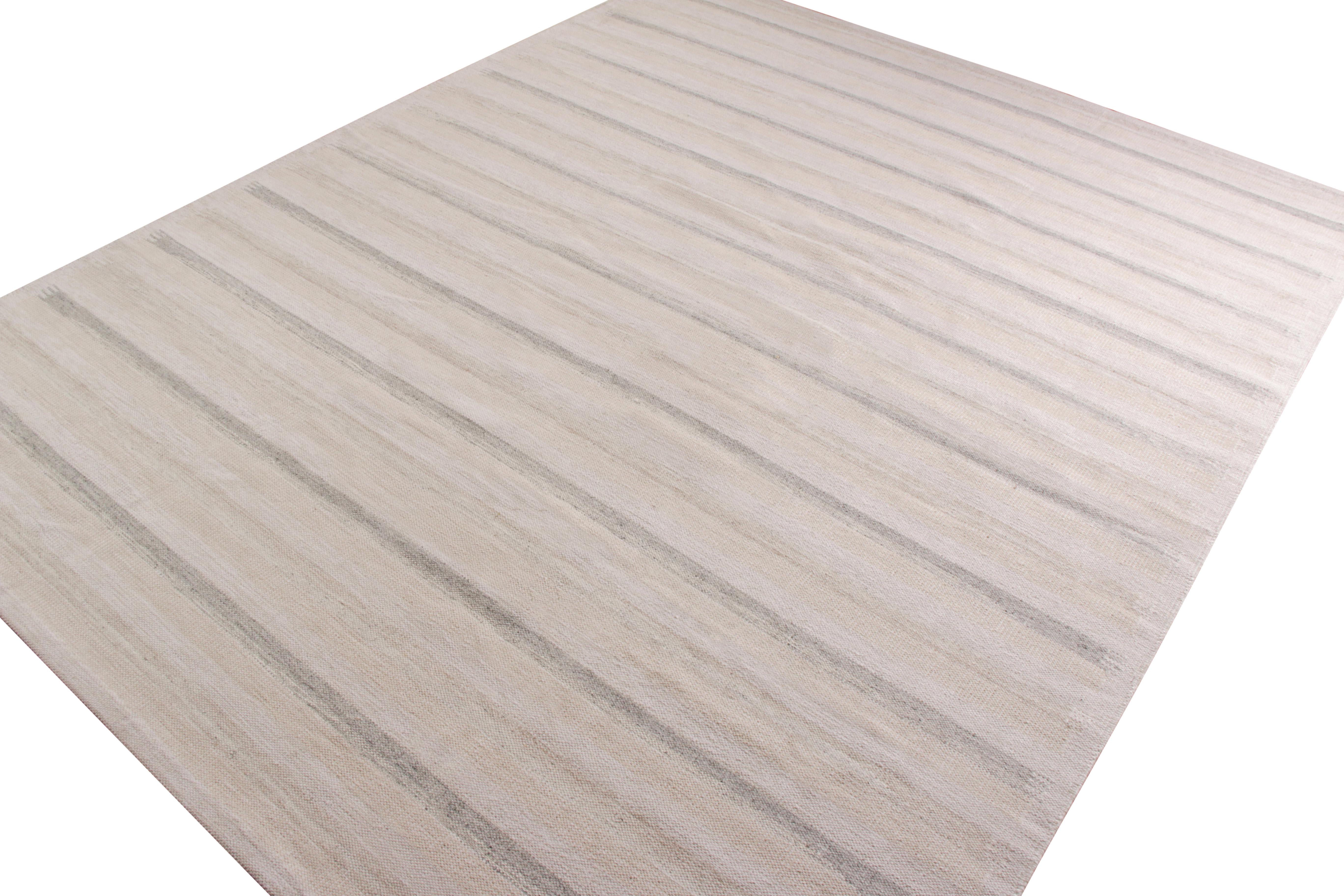 Scandinavian Modern Rug & Kilim’s Scandinavian Style Kilim Rug in Beige Grey Striped Pattern For Sale