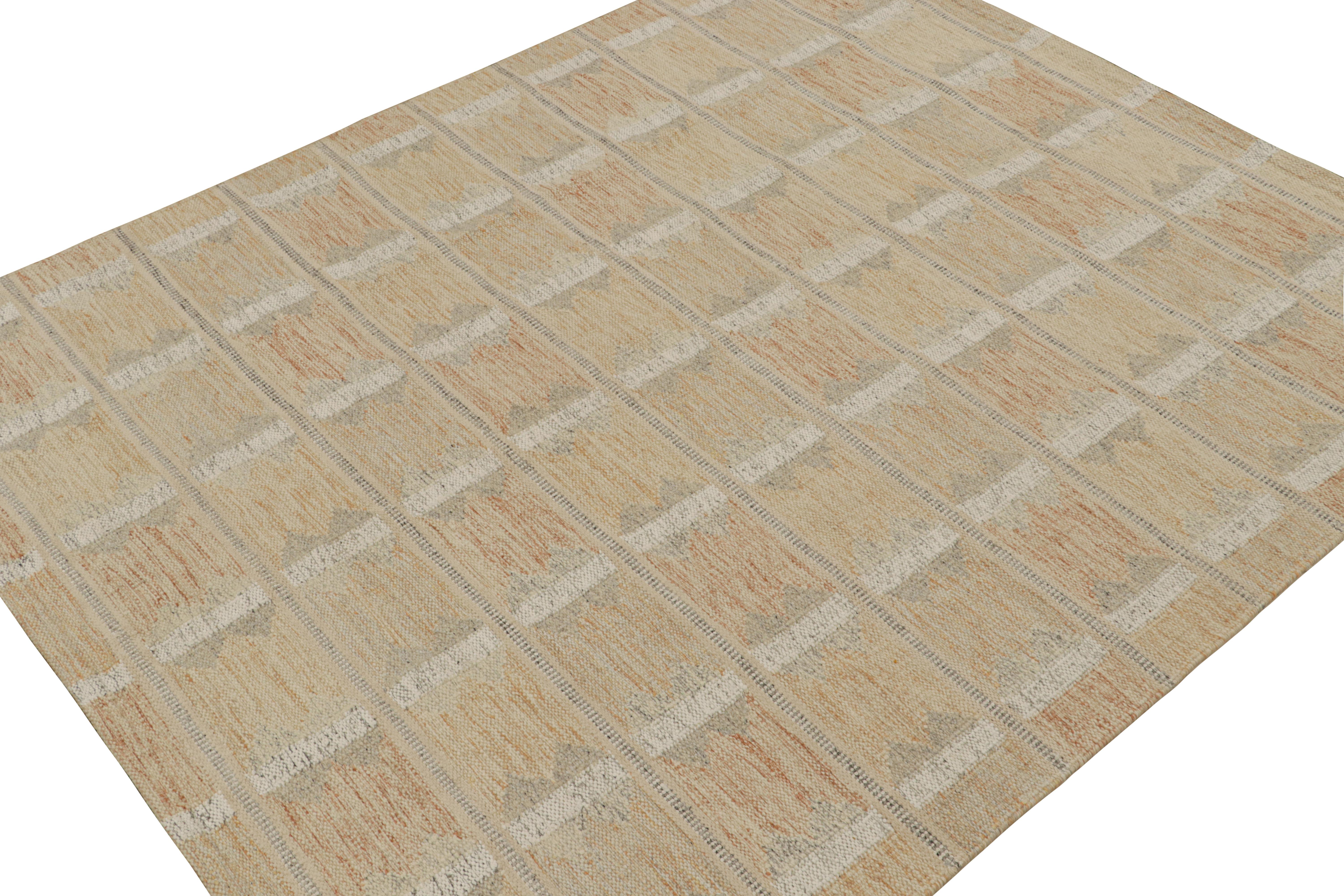 Dieses 8x10 Flachgewebe ist eine neue Ergänzung der skandinavischen Kilim-Kollektion von Rug & Kilim. Das aus Wolle und natürlichen Garnen handgewebte Design spiegelt eine zeitgenössische Interpretation des Rollakans aus der Mitte des Jahrhunderts