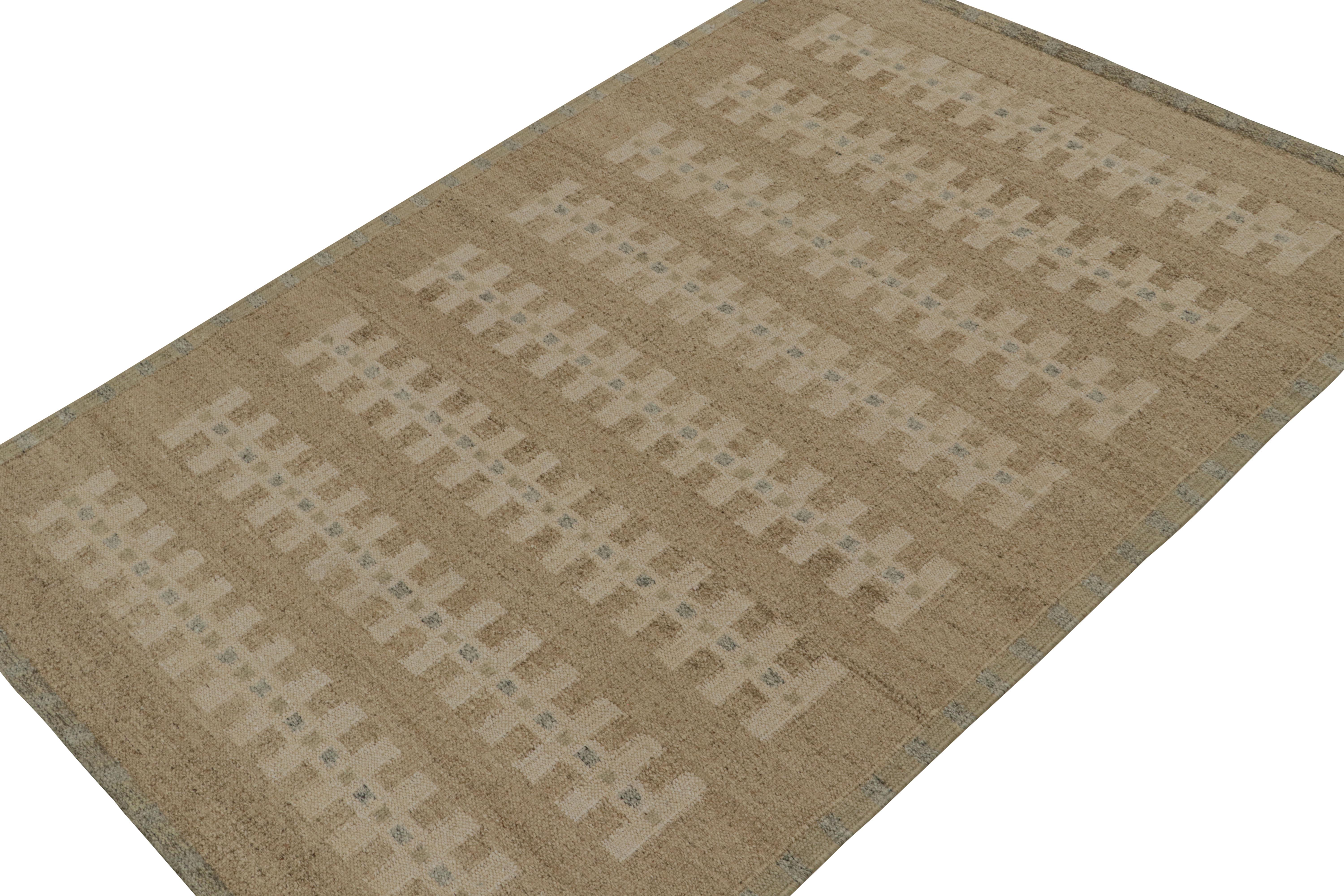 This 6x9 Swedish style kilim is from the Scandinavian rug collection by Rug & Kilim. Handwoven in wool, cotton and natural yarns, this flatweave represents a contemporary take on Swedish Deco Rollakans and Rya rugs.

On the Design: 

This rug enjoys
