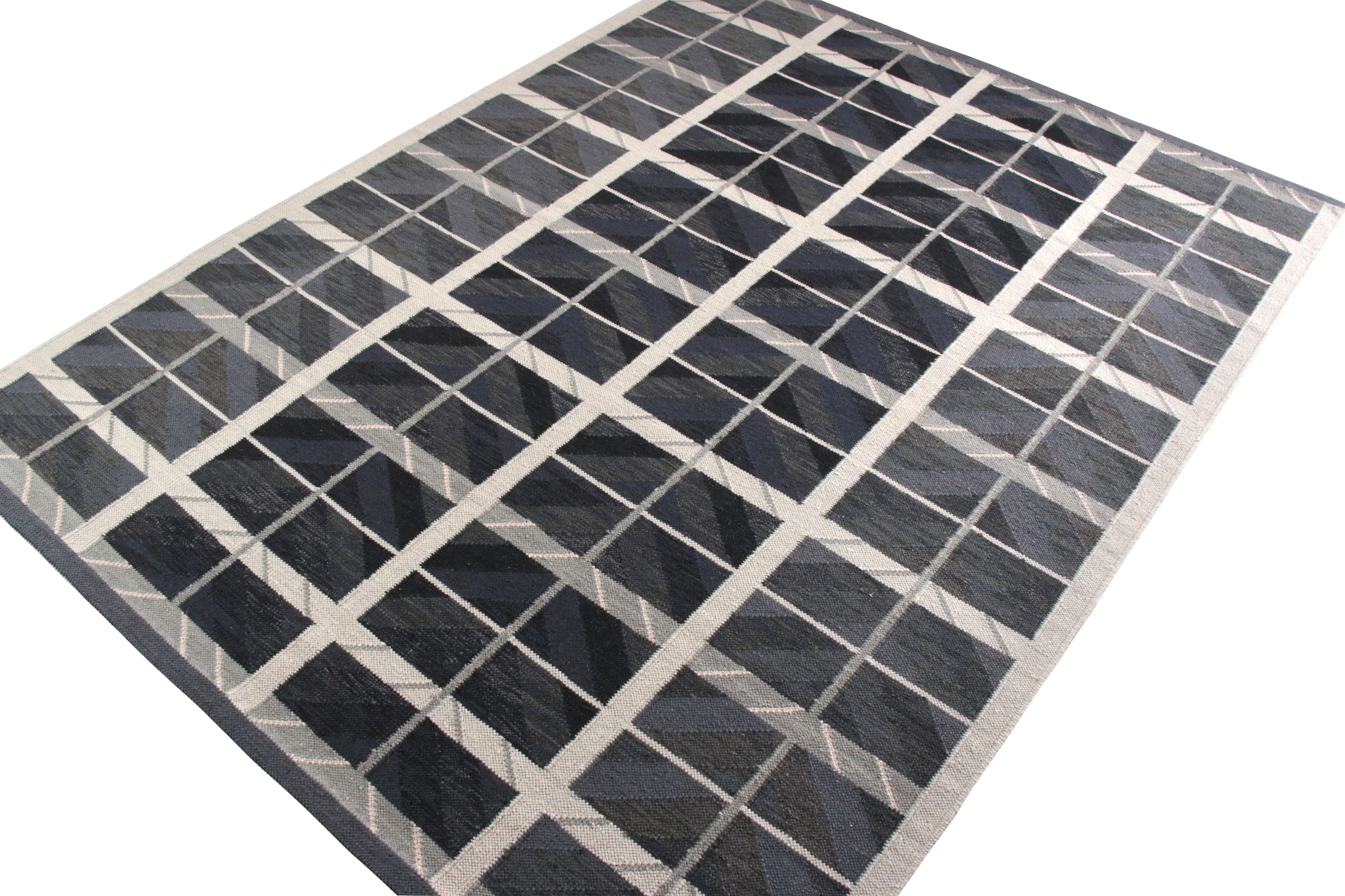 Teppich & Kilims skandinavischer Kelim-Teppich in Blau und Grau mit geometrischem Muster (Skandinavische Moderne) im Angebot