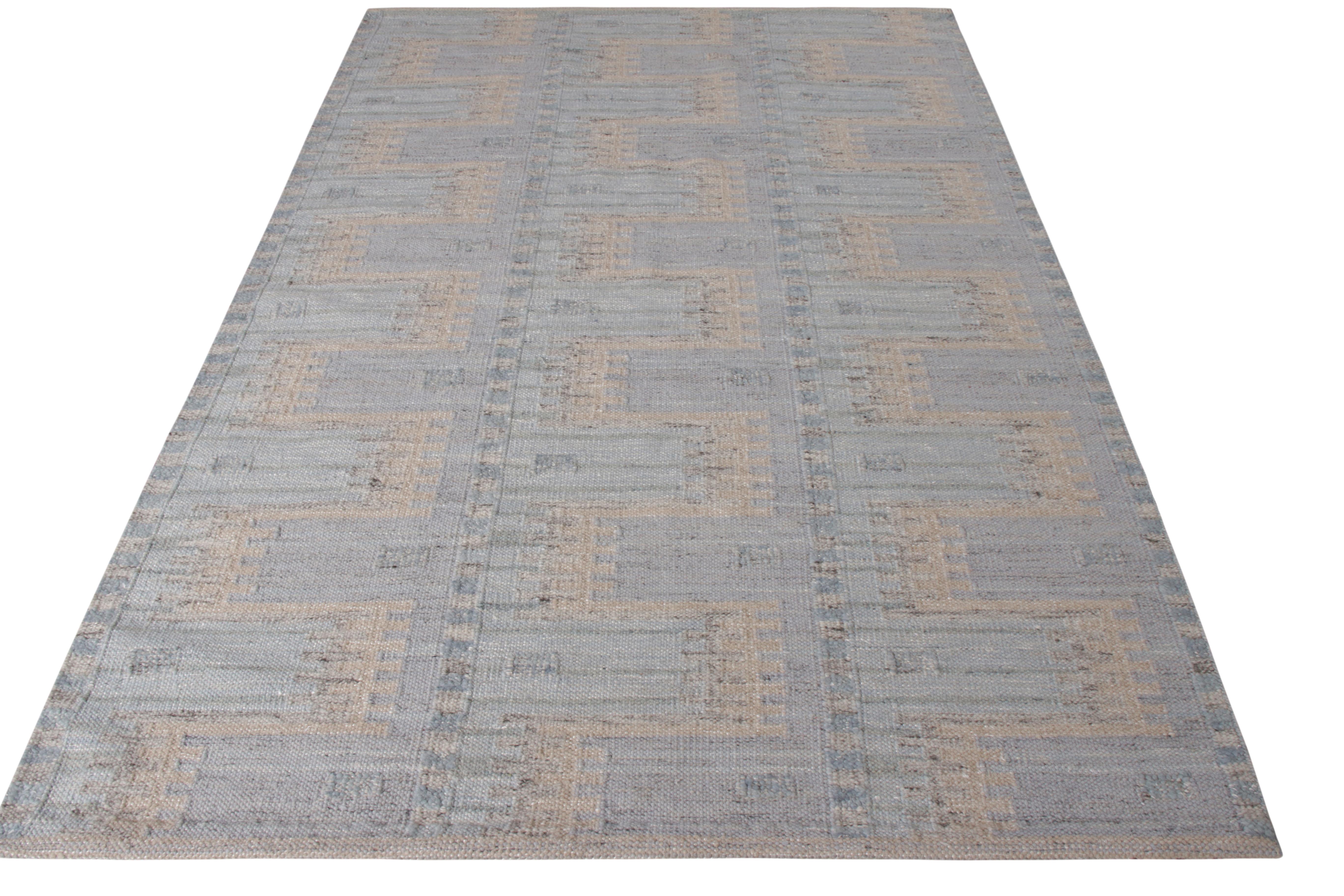 A 6x9 Kilim rug from the acclaimed Scandinavian Collection by Rug & Kilim. Handspun with a unique variety of yarns, lending the inviting texture and subtle color diversity that brings the f blue and off-white geometry movement and distinction.
