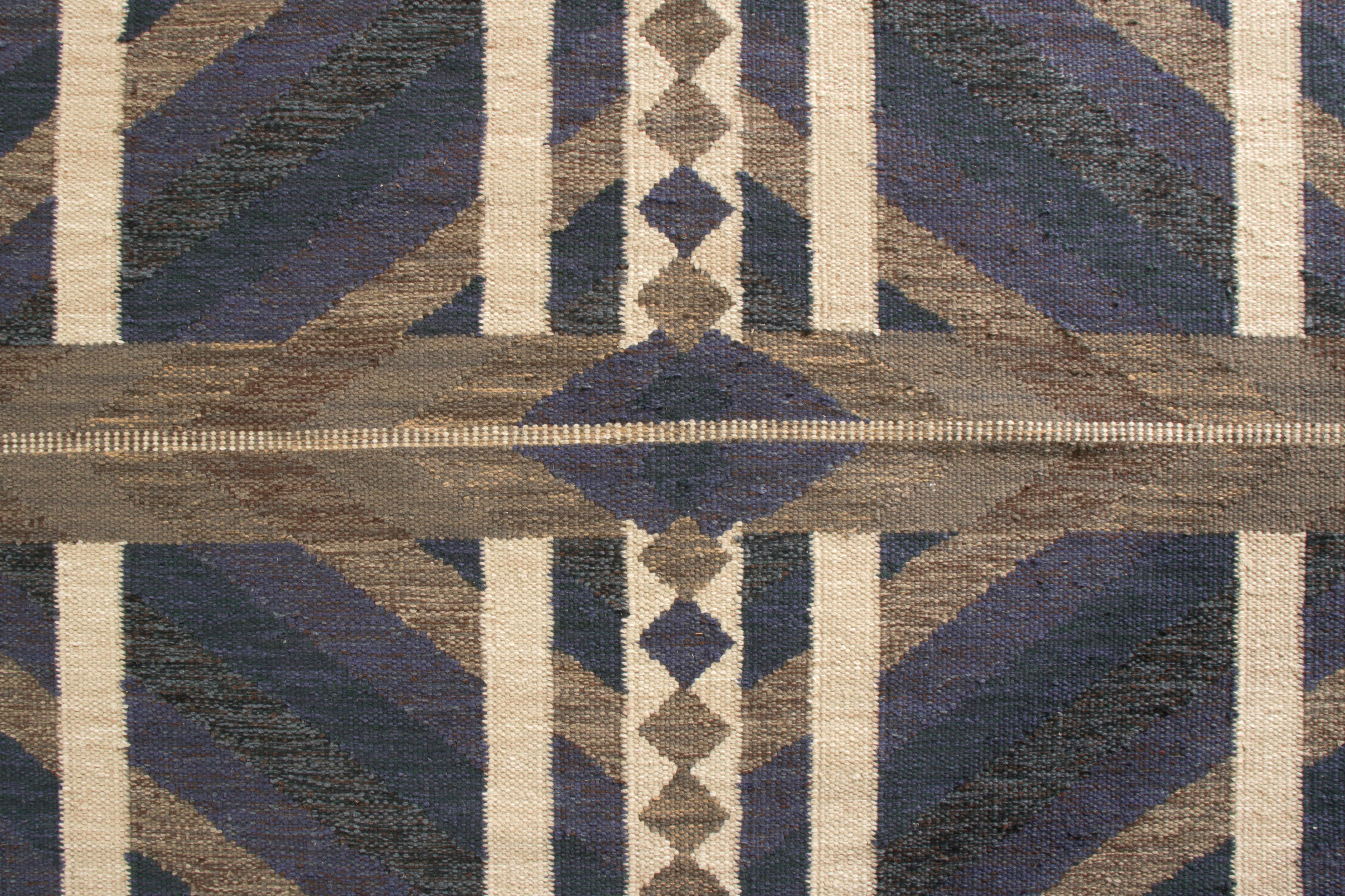 Hand-Knotted Rug & Kilim’s Scandinavian Style Kilim Rug in Blue, Beige-Brown Geometric Patter For Sale