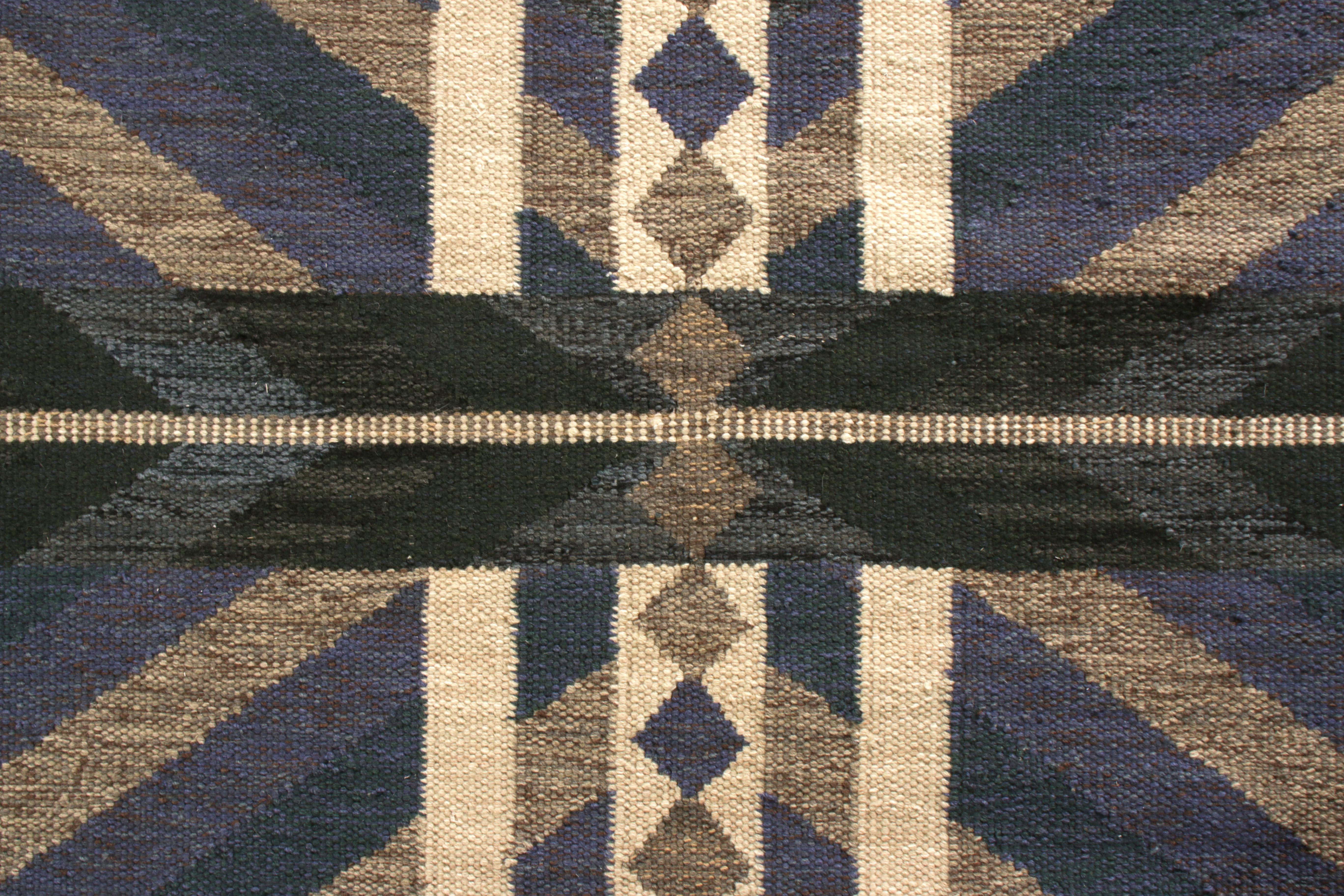 Rug & Kilim’s Scandinavian Style Kilim Rug in Blue, Beige-Brown Geometric Patter In New Condition For Sale In Long Island City, NY