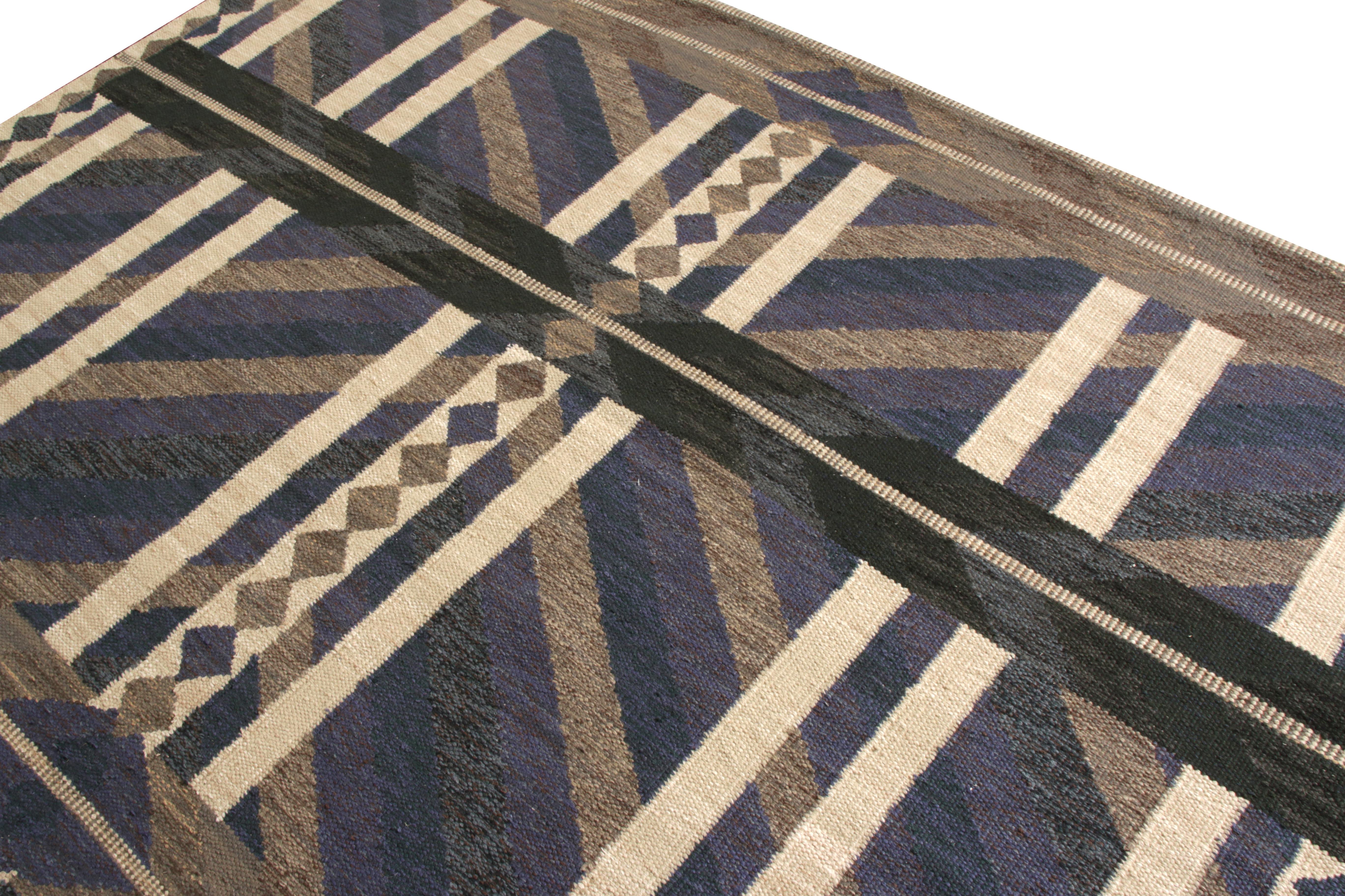 Indian Rug & Kilim’s Scandinavian Style Kilim Rug in Blue, Beige-Brown Geometric Patter For Sale