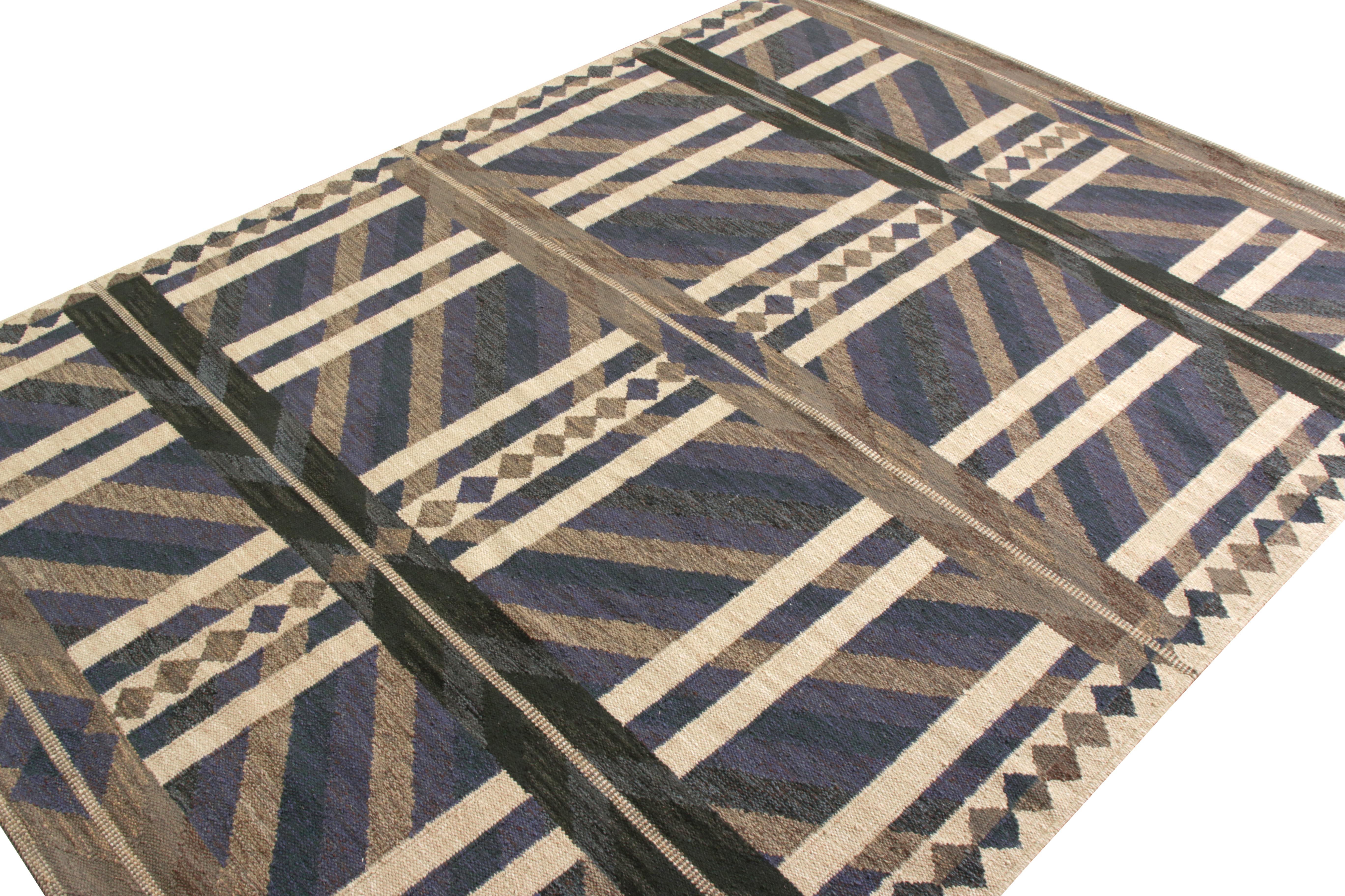 Modern Rug & Kilim’s Scandinavian Style Kilim Rug in Blue Beige-Brown Geometric pattern For Sale