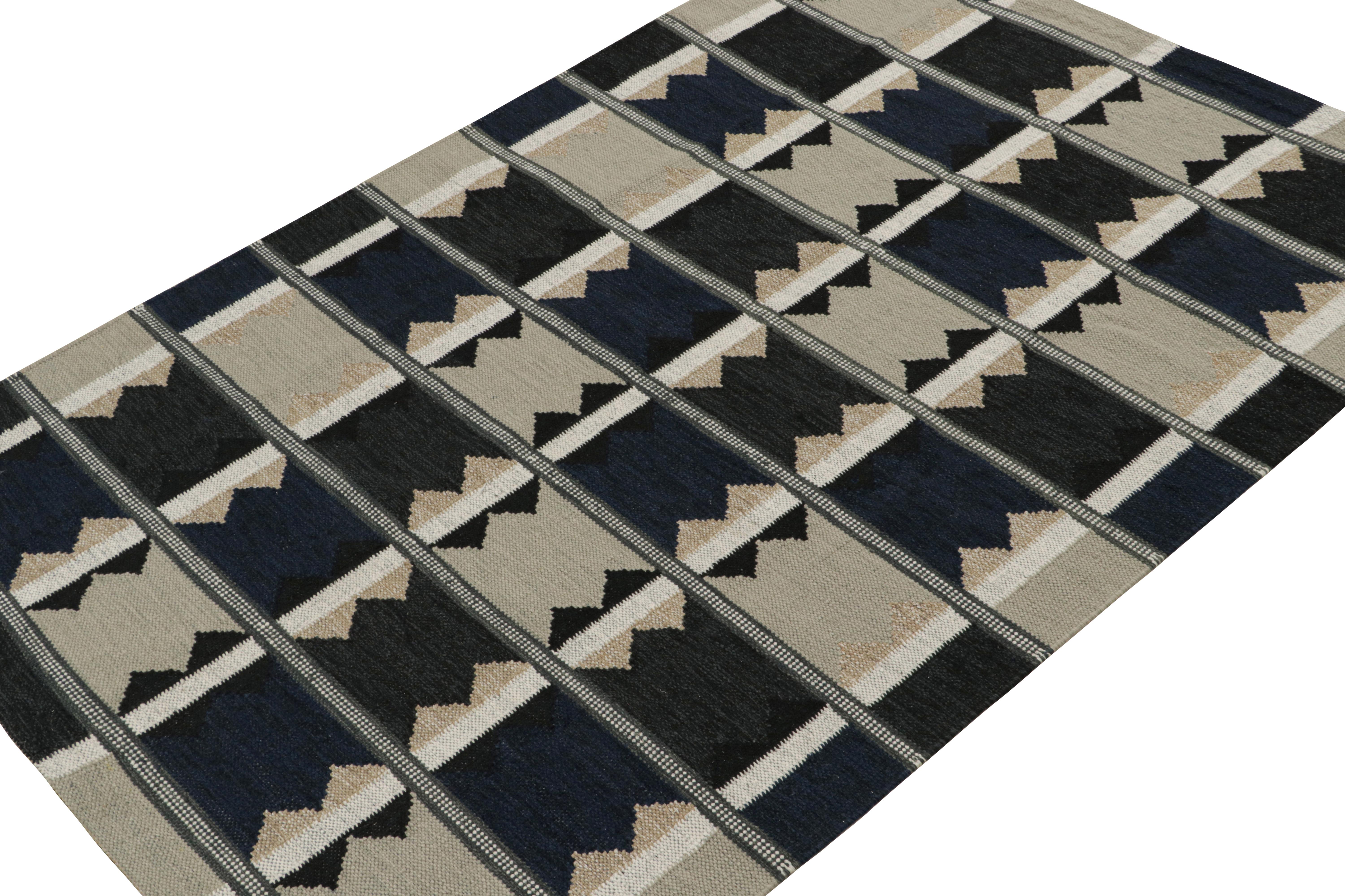 A cool 6x9 Swedish style kilim rug from our award-winning Scandinavian flat weave collection. Handwoven in wool, cotton & undyed natural yarns.

On the Design: 

This rug enjoys geometric patterns in tones of blue, black, gray & beige. Keen eyes