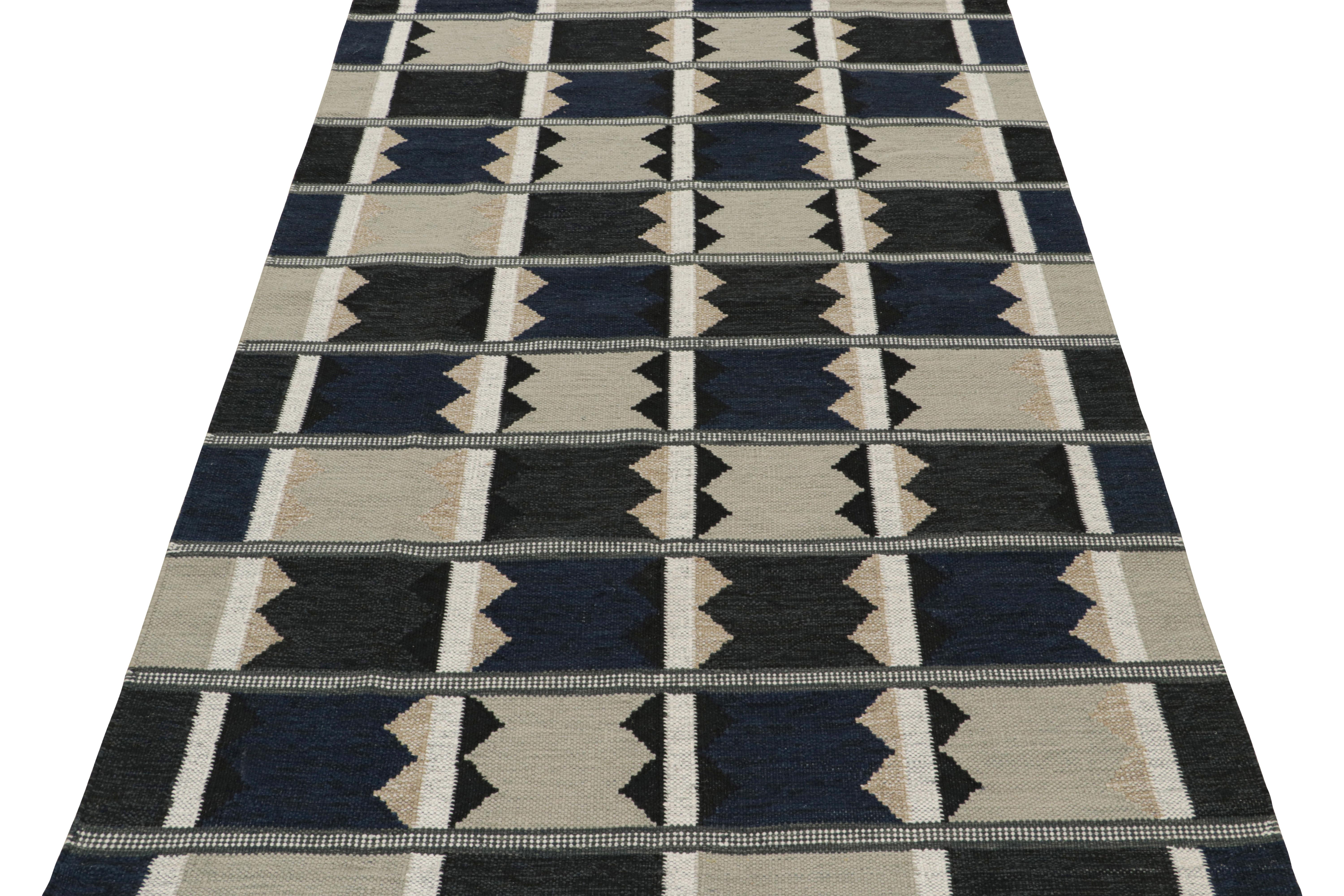 Modern Rug & Kilim’s Scandinavian Style Kilim rug in Blue, Black & Greige Patterns For Sale