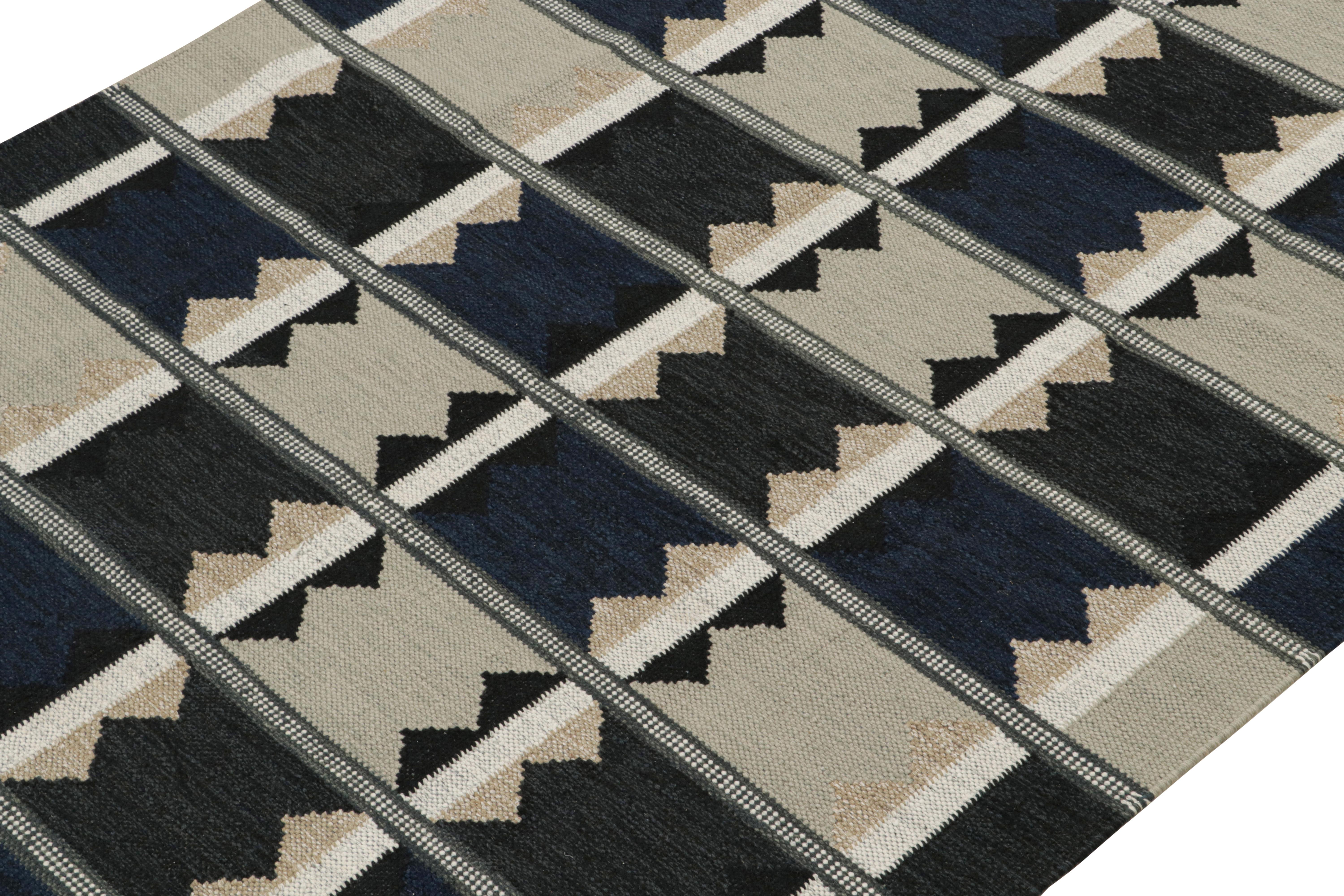 Indian Rug & Kilim’s Scandinavian Style Kilim rug in Blue, Black & Greige Patterns For Sale