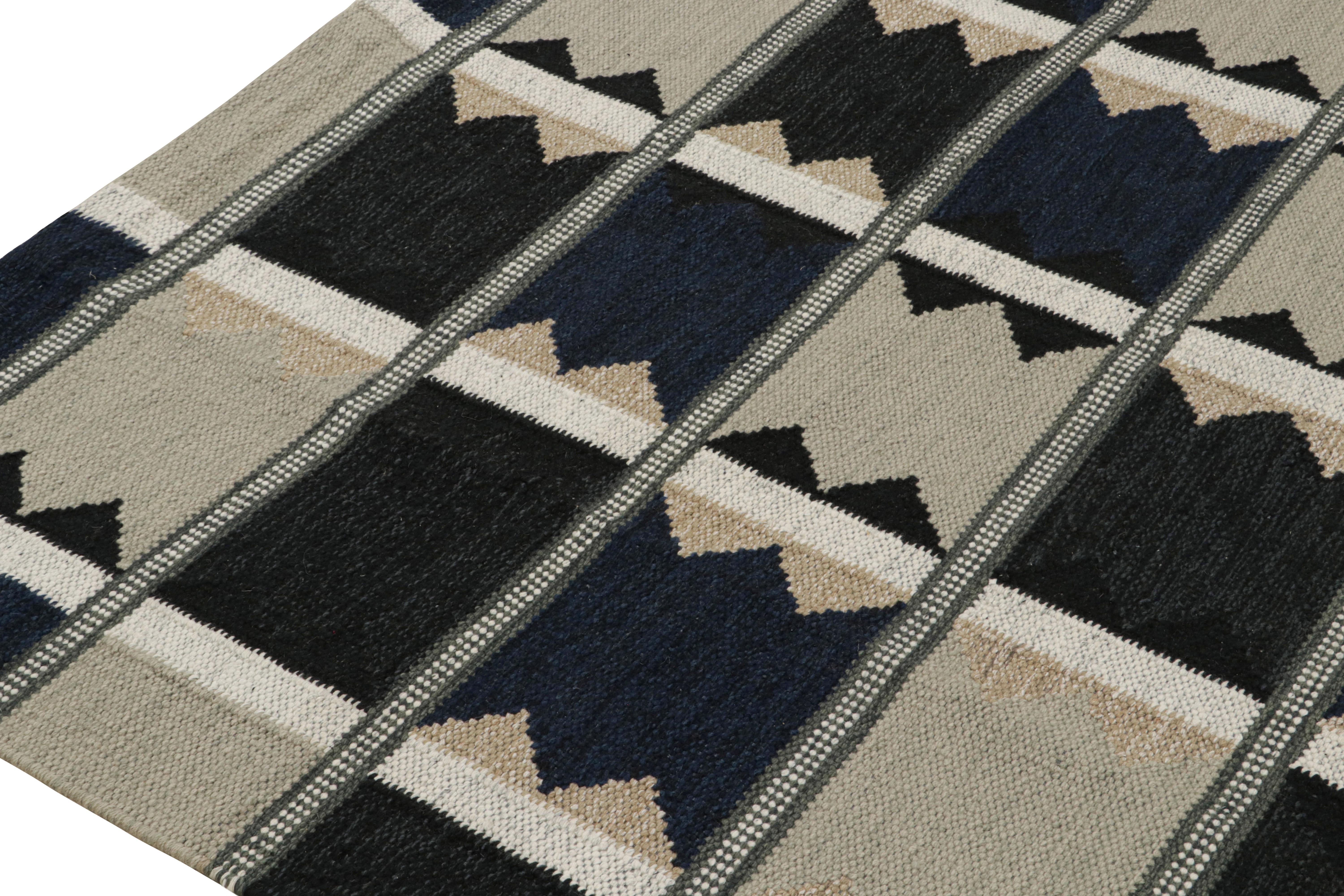 Hand-Woven Rug & Kilim’s Scandinavian Style Kilim rug in Blue, Black & Greige Patterns For Sale