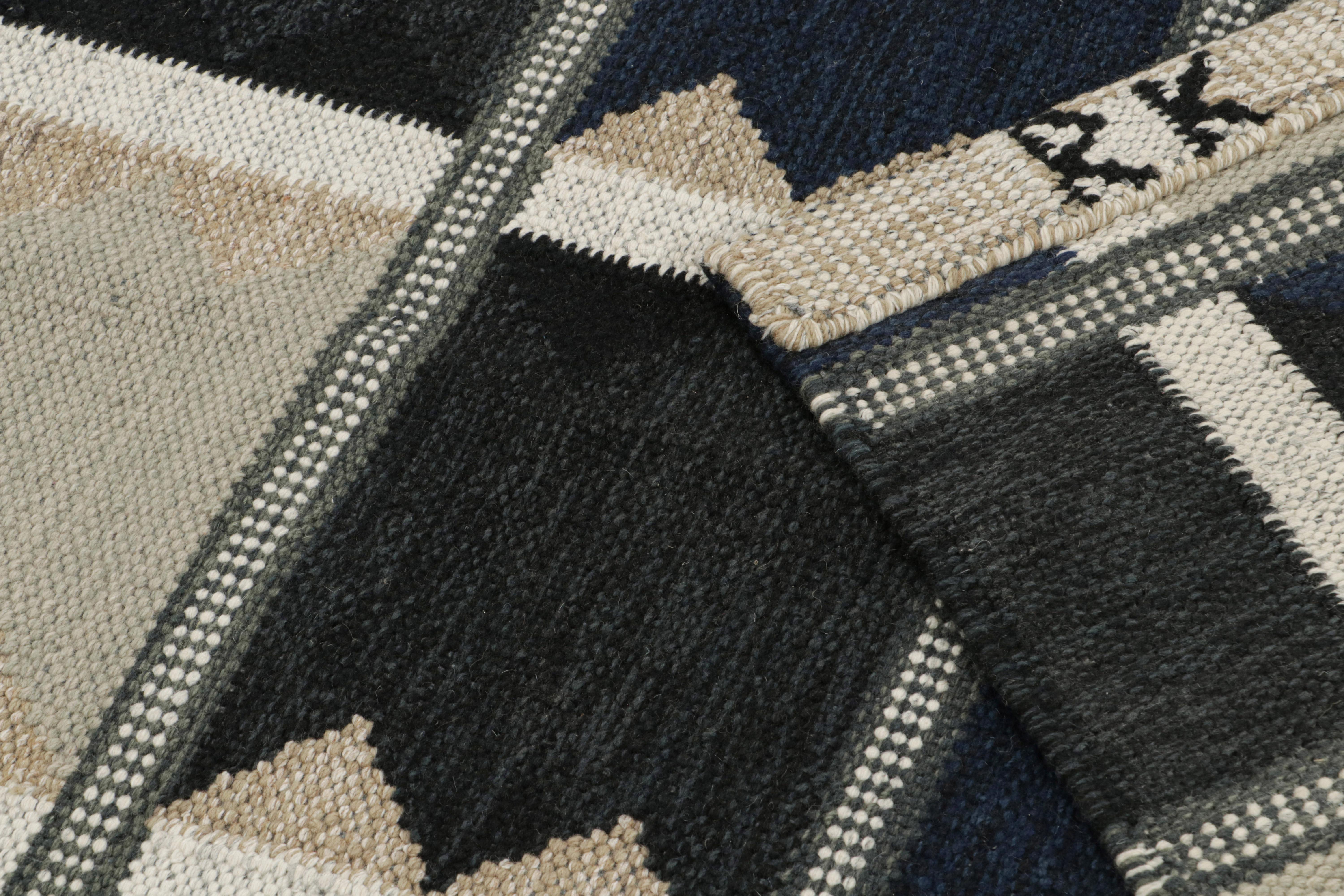 Contemporary Rug & Kilim’s Scandinavian Style Kilim rug in Blue, Black & Greige Patterns For Sale