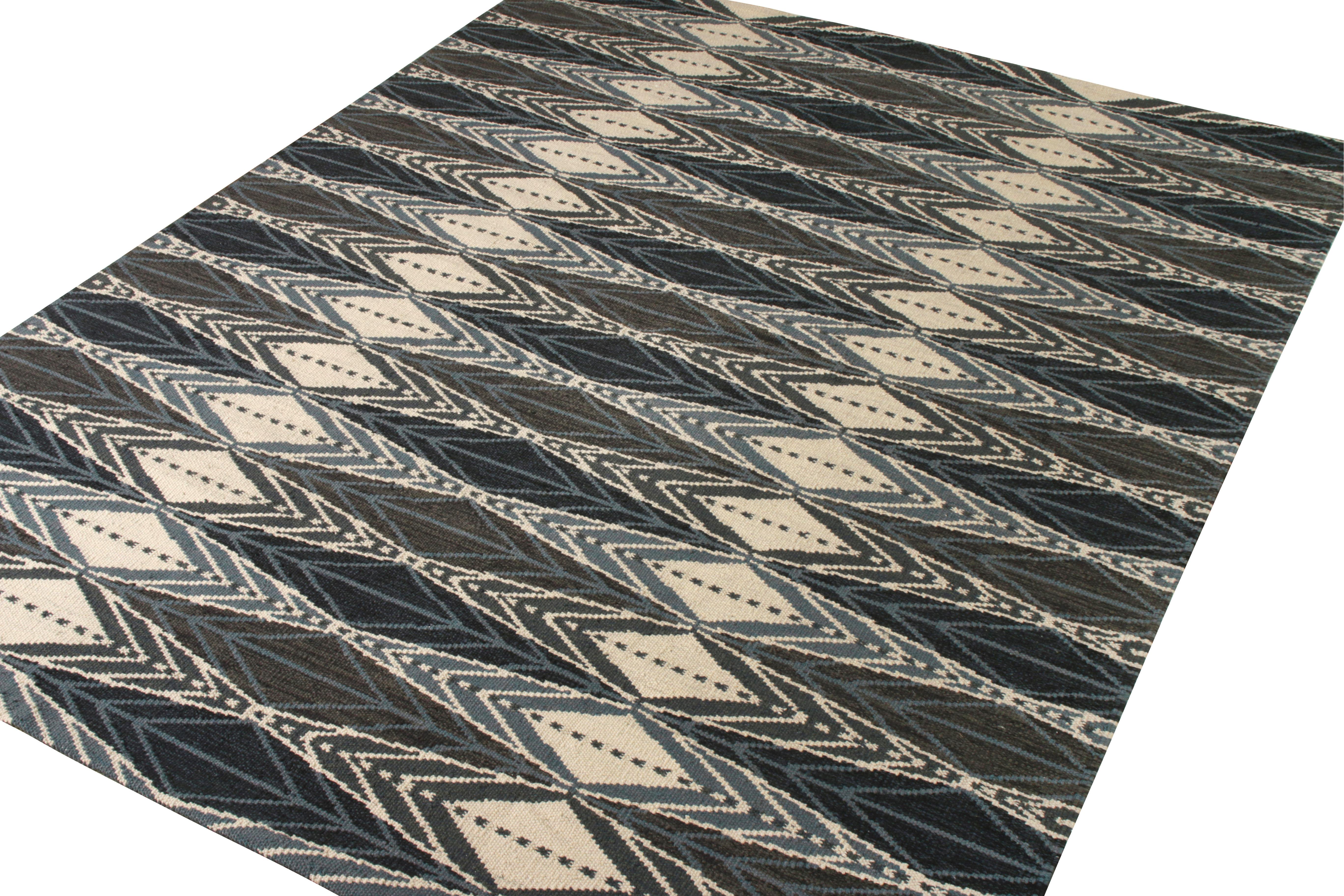 Teppich & Kilims Kelim-Teppich im skandinavischen Stil in Blau und Grau mit geometrischem Muster (Skandinavische Moderne) im Angebot