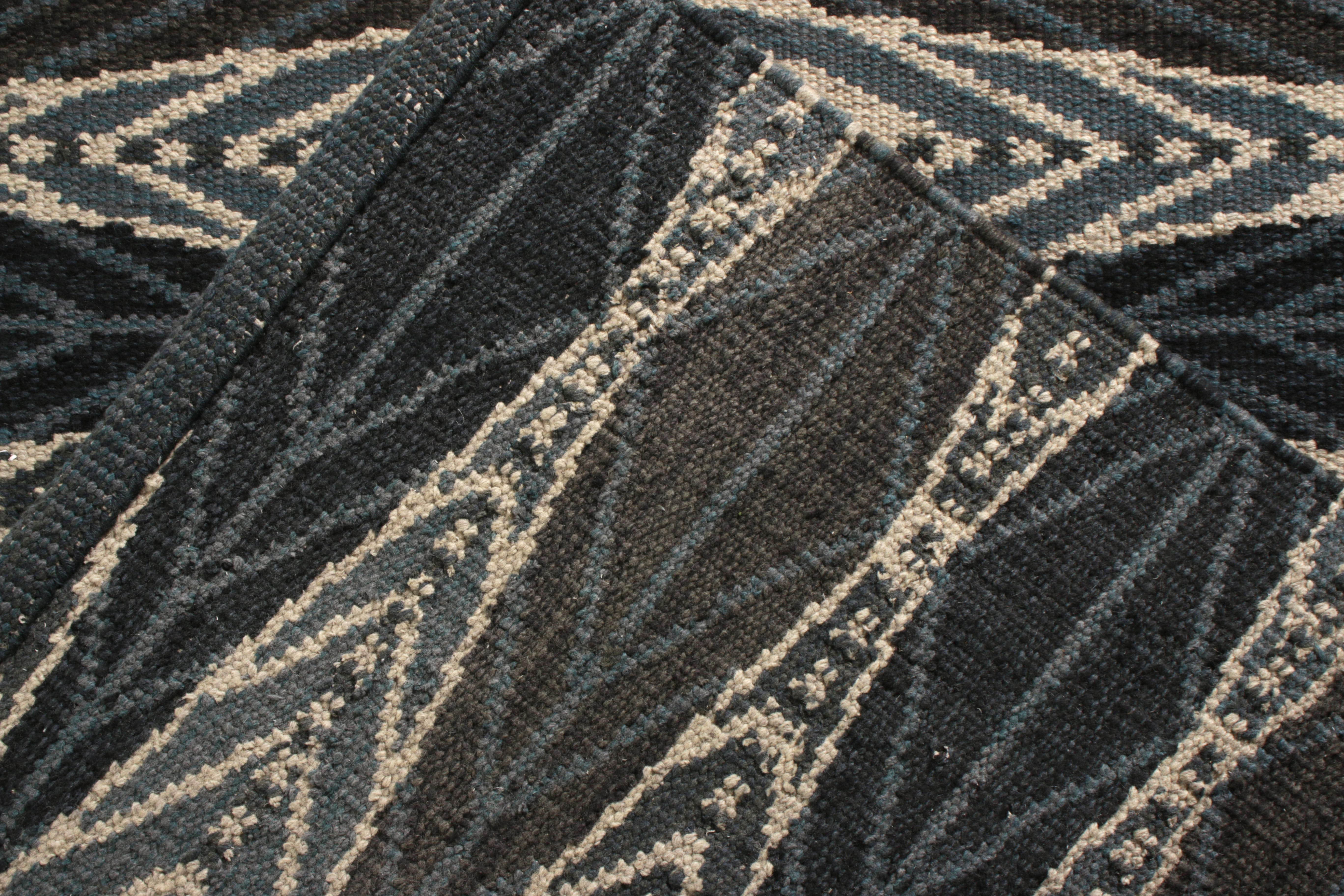 Hand-Knotted Rug & Kilim’s Scandinavian Style Kilim Rug in Blue Gray Geometric Pattern For Sale