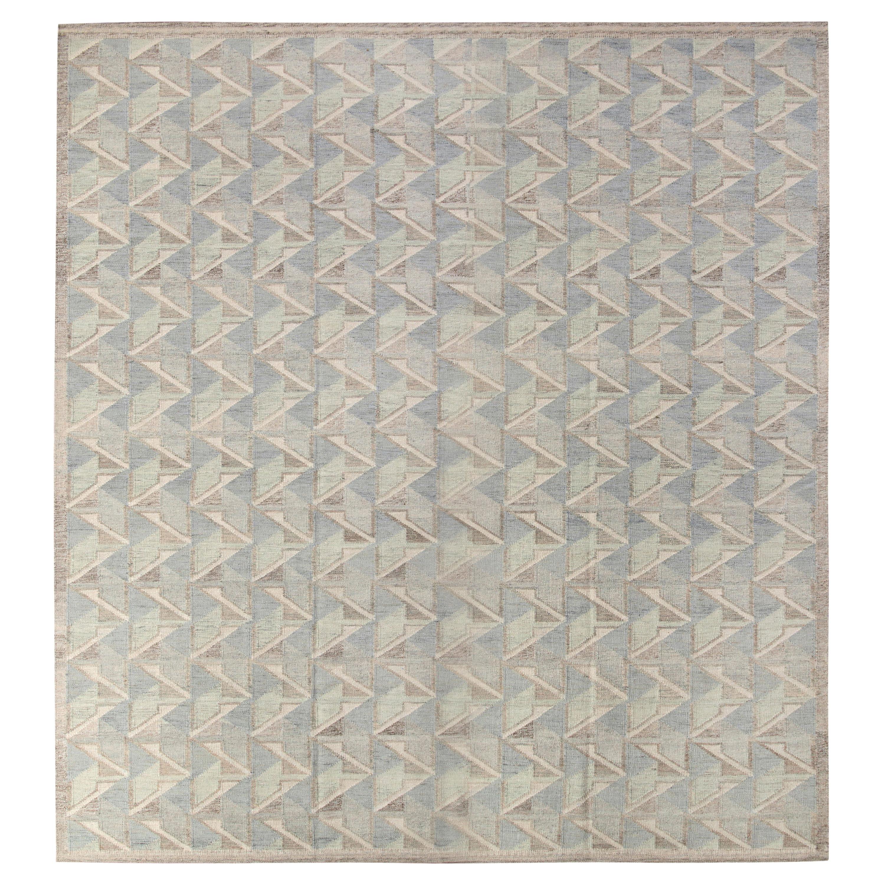 Rug & Kilim’s Scandinavian Style Kilim Rug in Blue, Gray Geometric Pattern For Sale