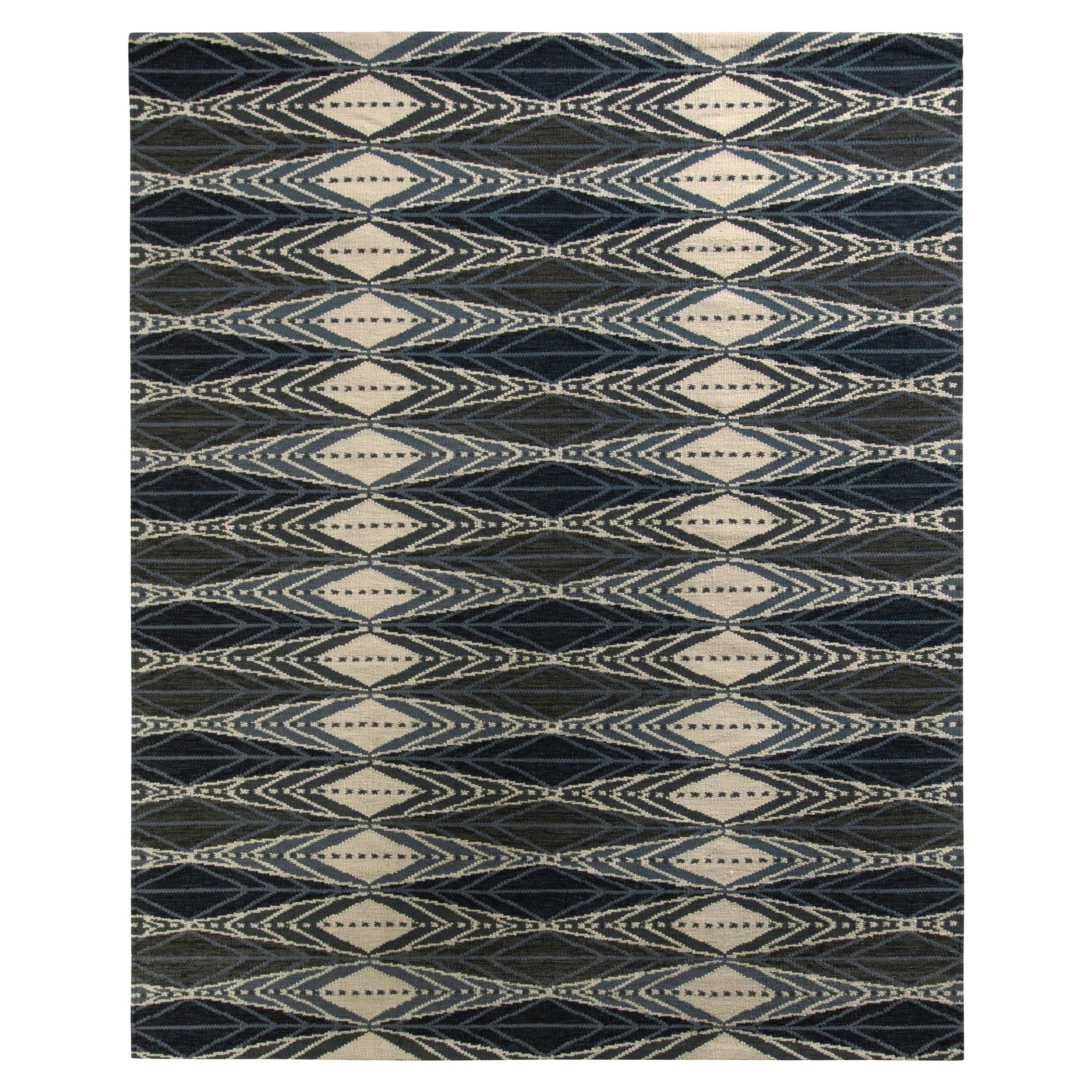 Rug & Kilim’s Scandinavian Style Kilim Rug in Blue Gray Geometric Pattern For Sale