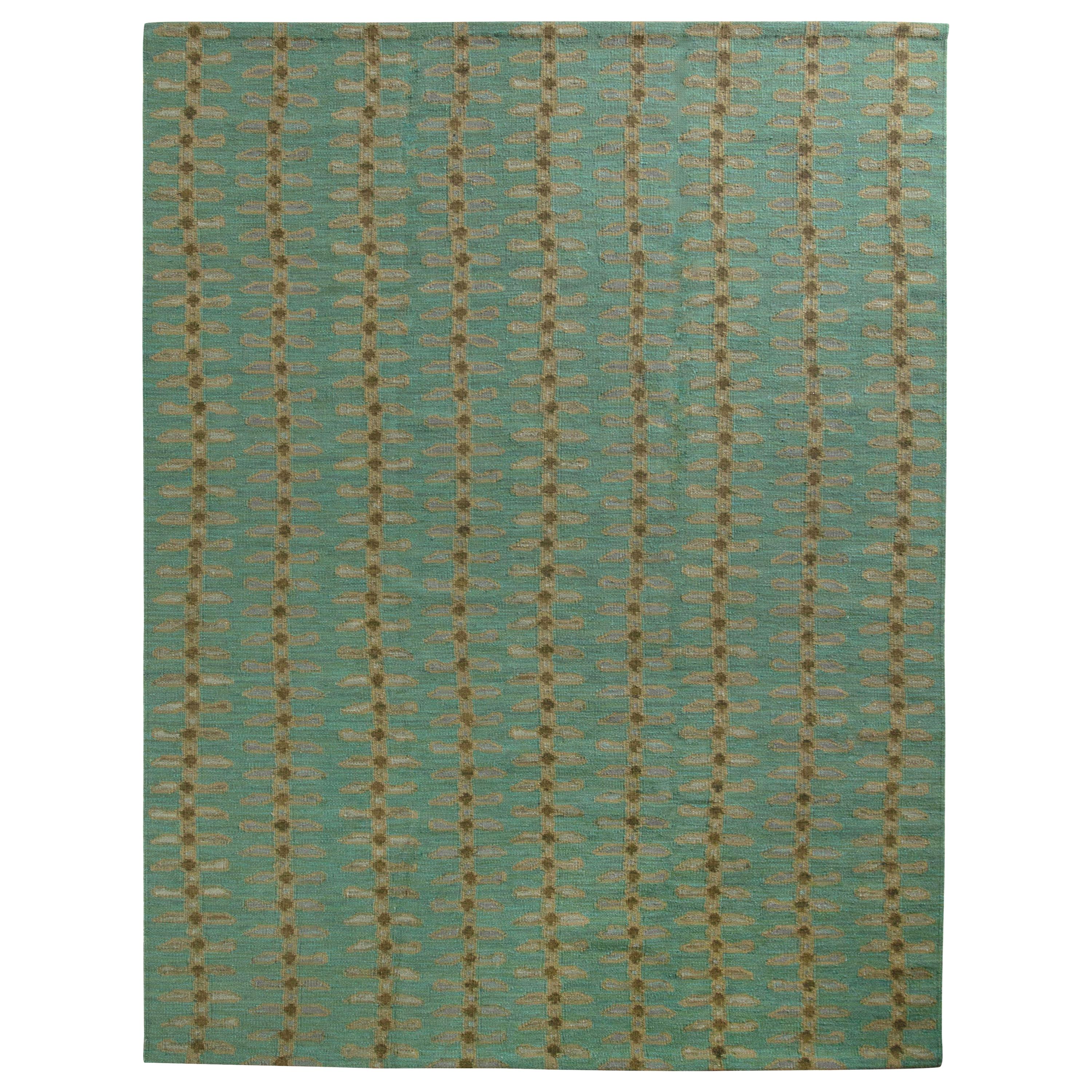 Rug & Kilim’s Scandinavian Style Kilim Rug in Blue Green Striped Pattern For Sale