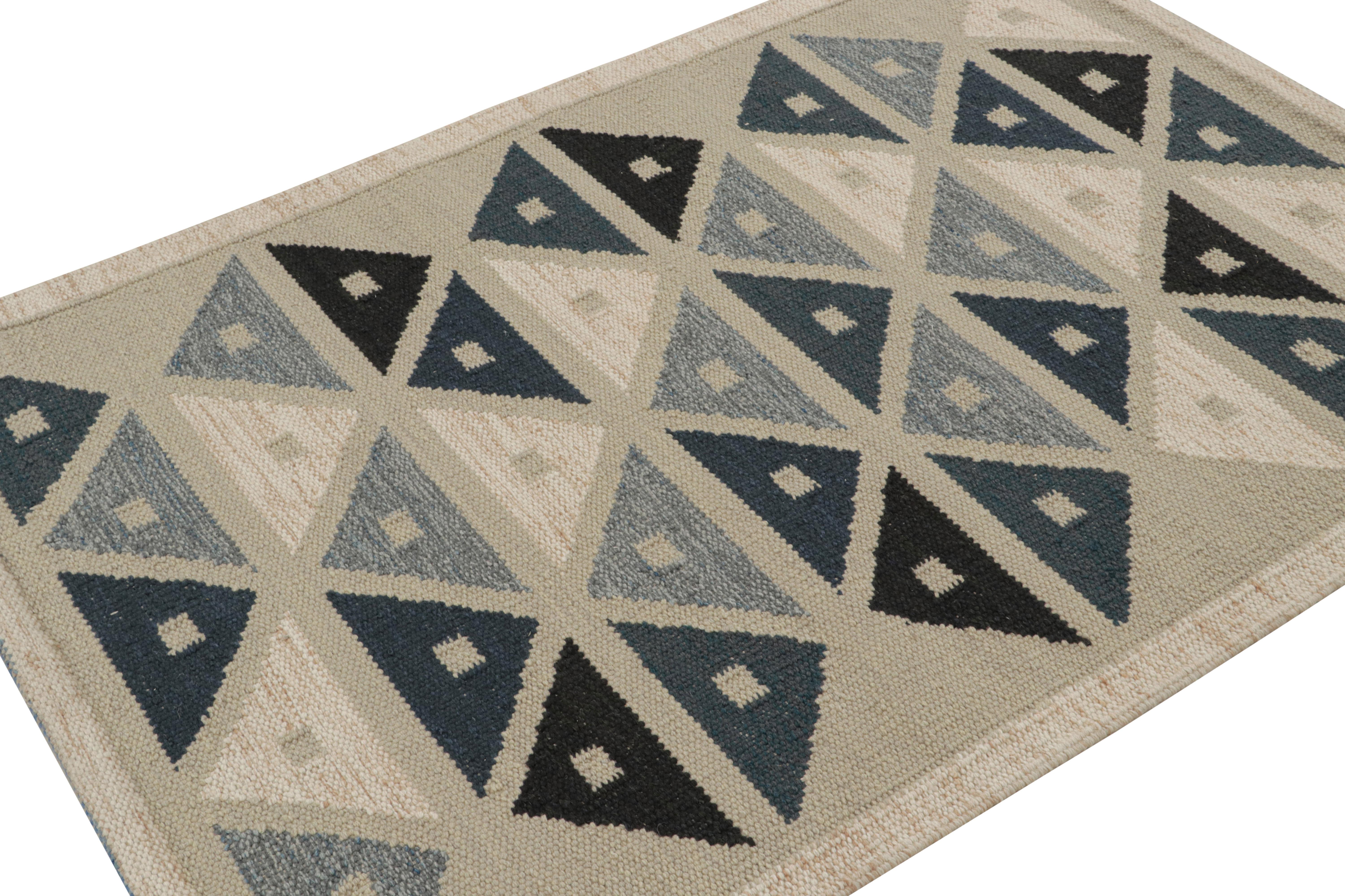 This 4x6 Kilim rug is from the flatweave line in the Scandinavian rug collection by Rug & Kilim. Handwoven in wool, cotton and natural yarns, its design is a modern take on Rollakan and Rya rugs in the Swedish Deco style. 

On the Design: 

These