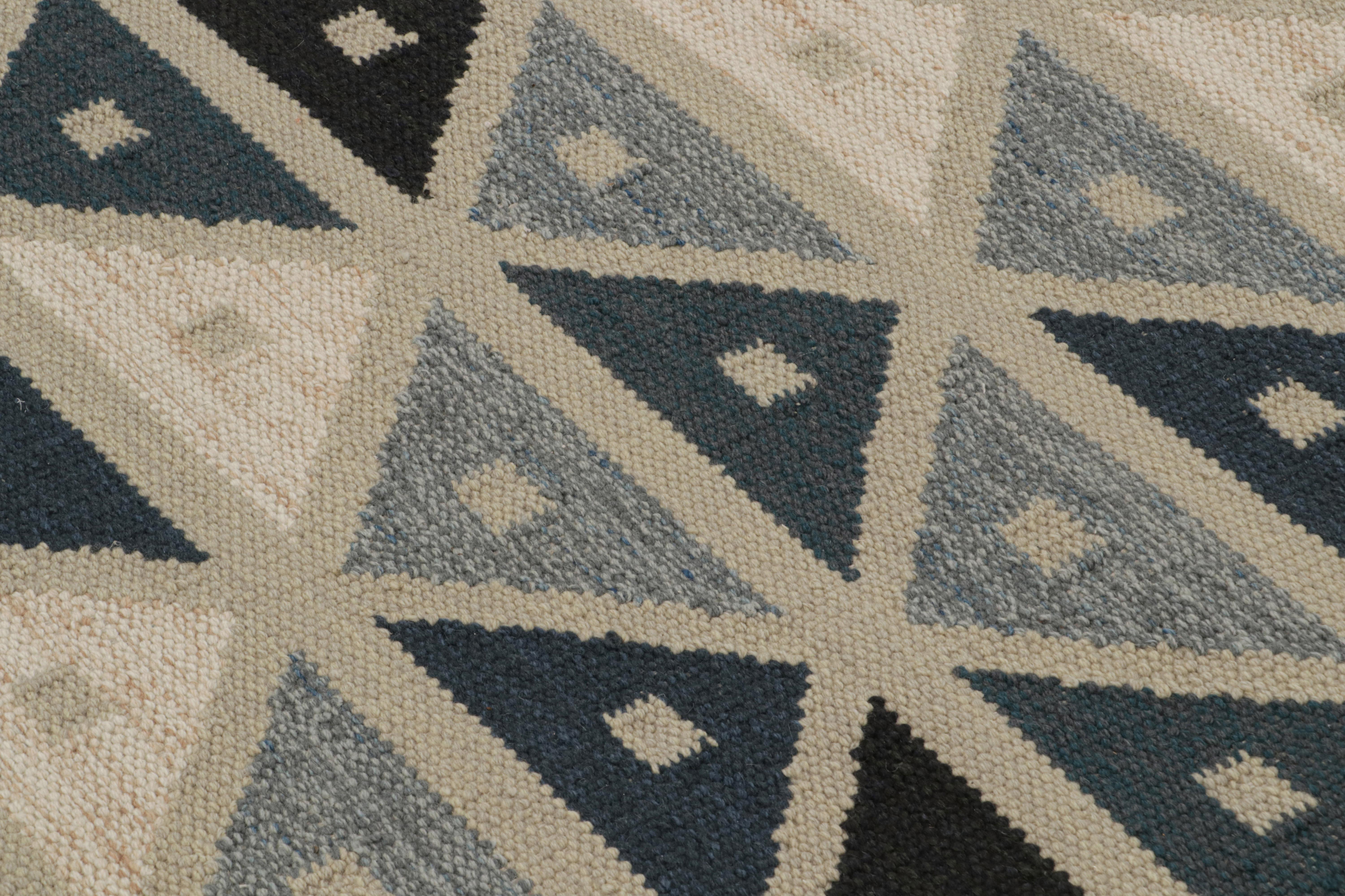 Indian Rug & Kilim’s Scandinavian Style Kilim Rug in Blue & Greige Geometric Patterns For Sale