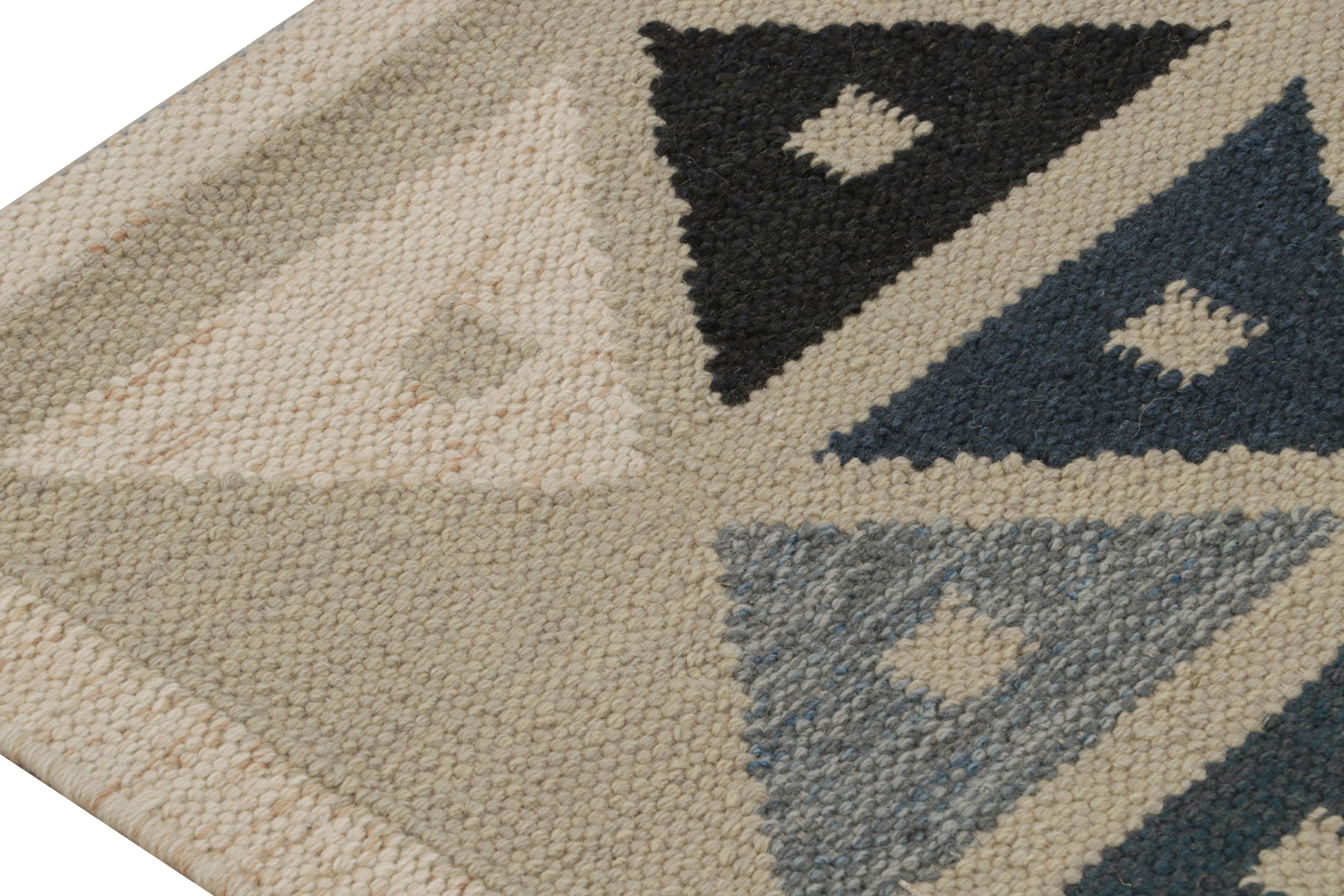 Hand-Woven Rug & Kilim’s Scandinavian Style Kilim Rug in Blue & Greige Geometric Patterns For Sale