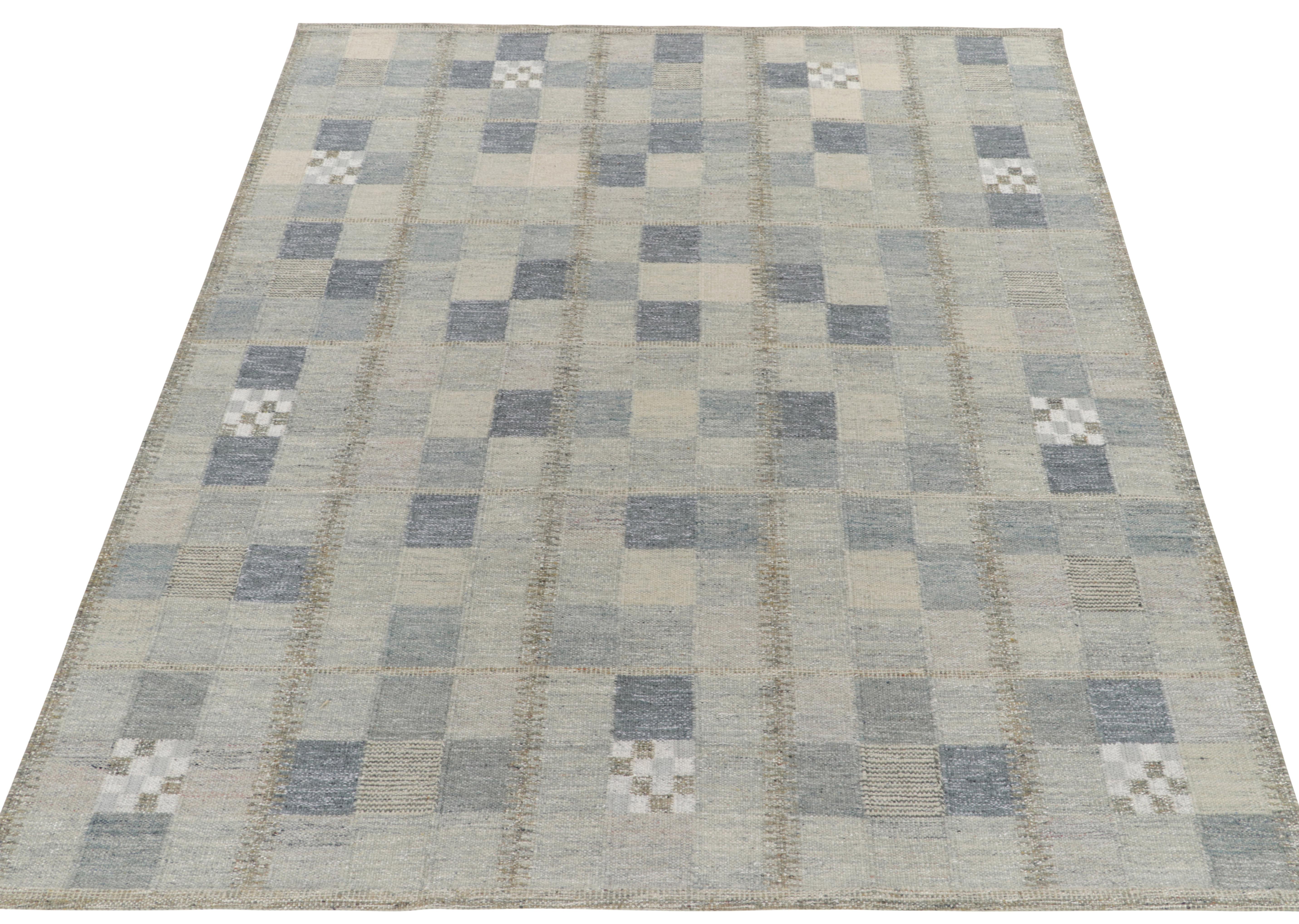 Scandinavian Modern Rug & Kilim's Scandinavian Style Kilim Rug in Blue, Grey Geometric Pattern For Sale