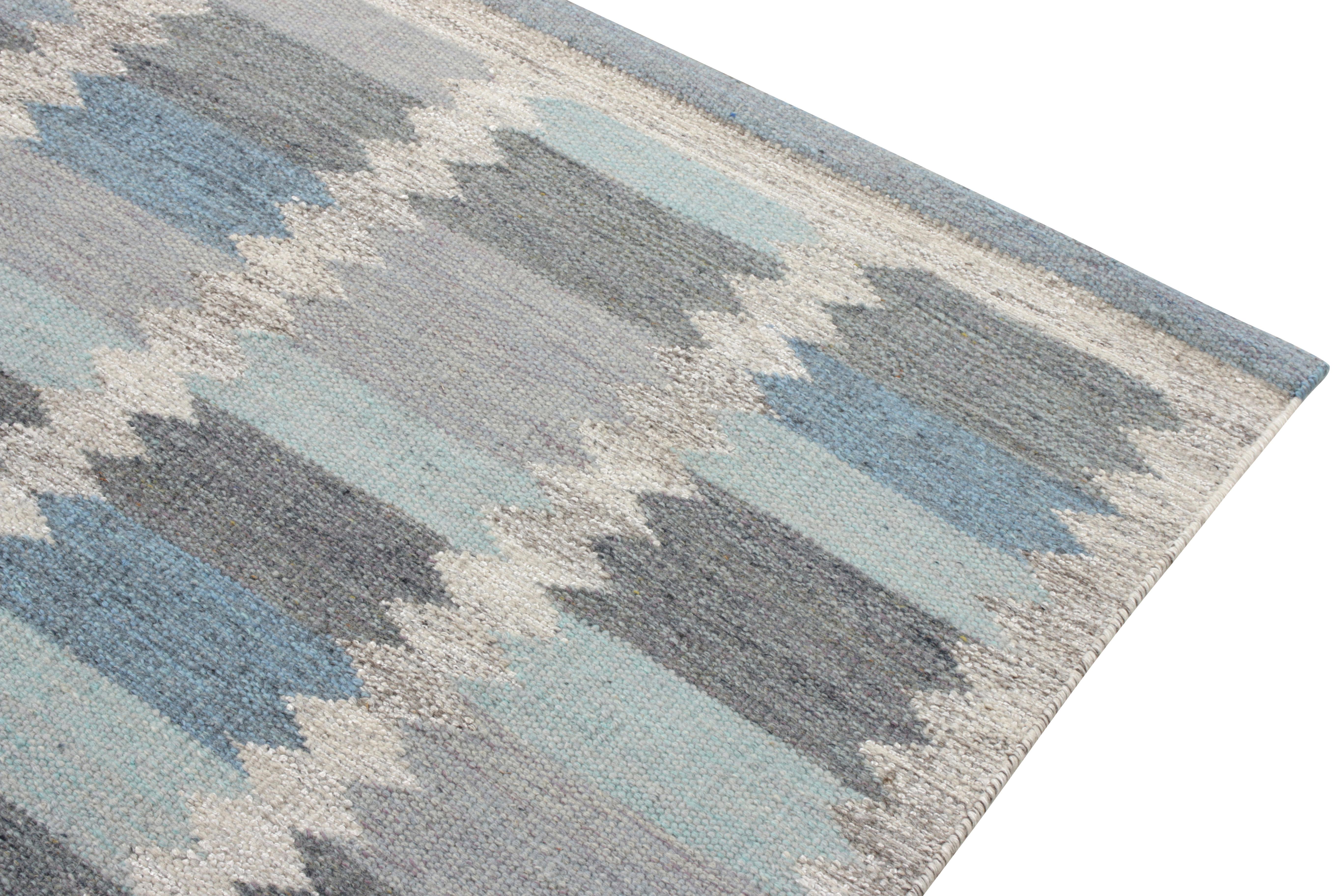 Indian Rug & Kilim’s Scandinavian Style Kilim Rug in Blue, Grey Geometric Pattern For Sale