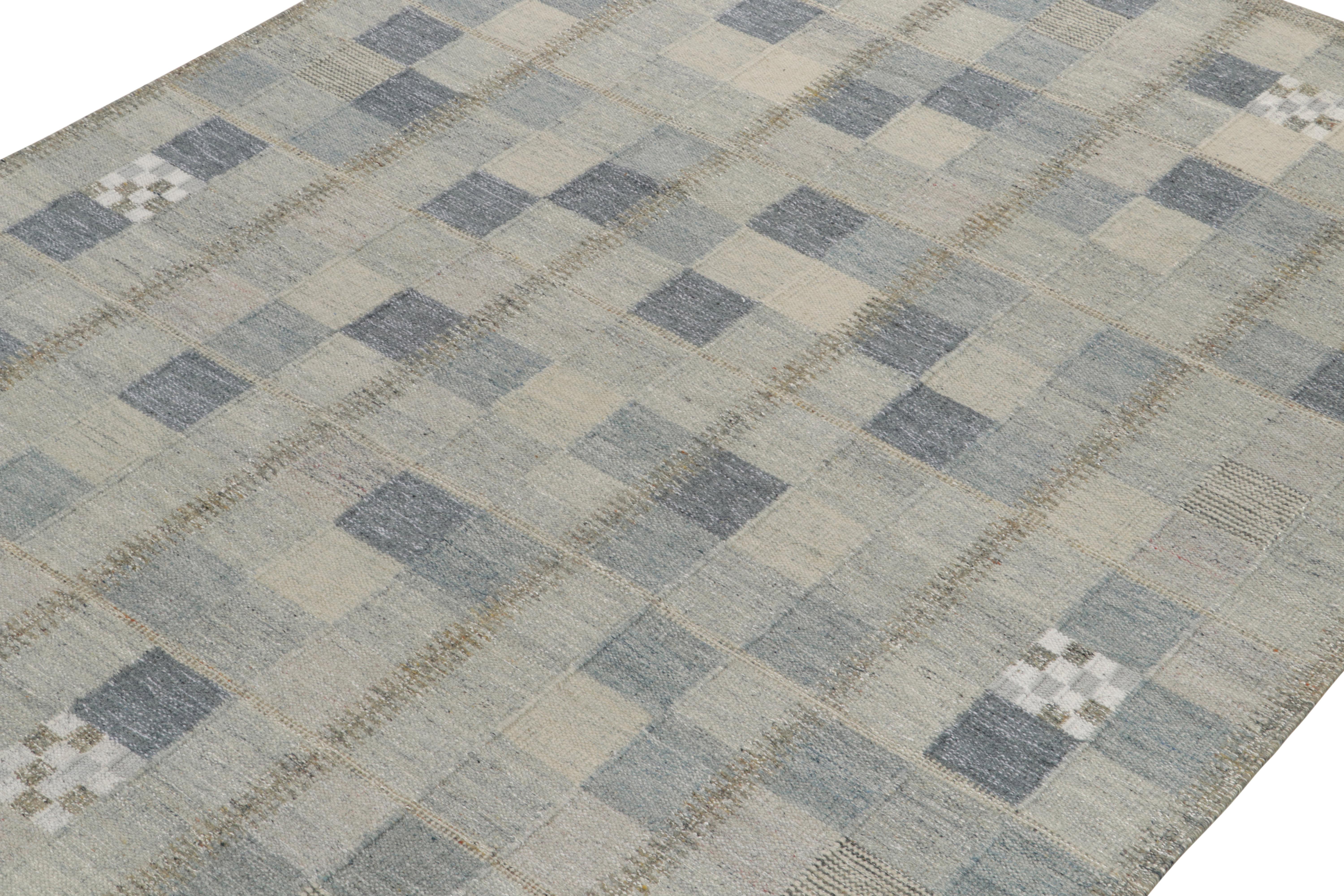Indiano Rug & Kilim - Tappeto Kilim in stile scandinavo in blu e grigio con motivo geometrico in vendita