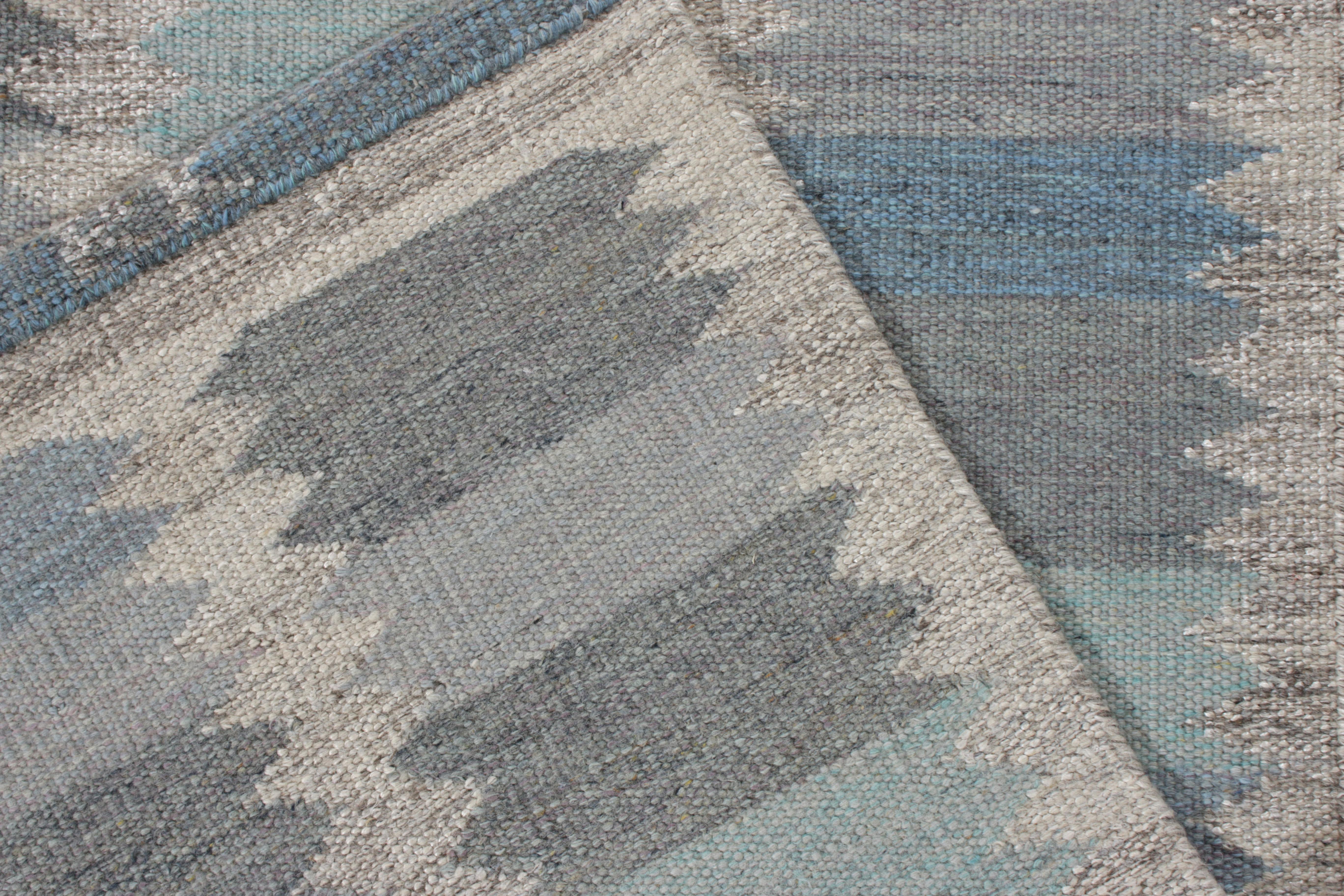 Hand-Knotted Rug & Kilim’s Scandinavian Style Kilim Rug in Blue, Grey Geometric Pattern For Sale