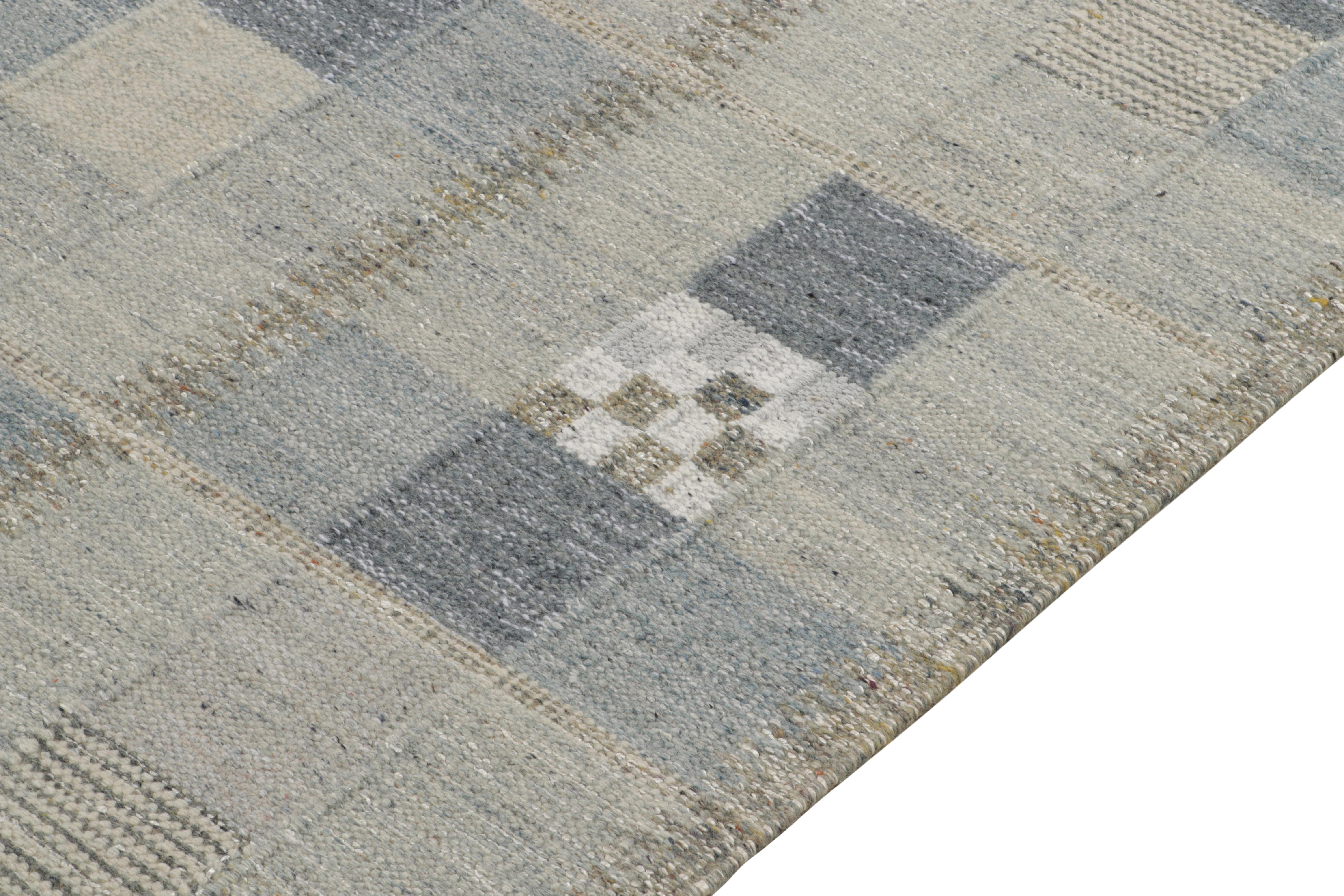 Hand-Knotted Rug & Kilim's Scandinavian Style Kilim Rug in Blue, Grey Geometric Pattern For Sale