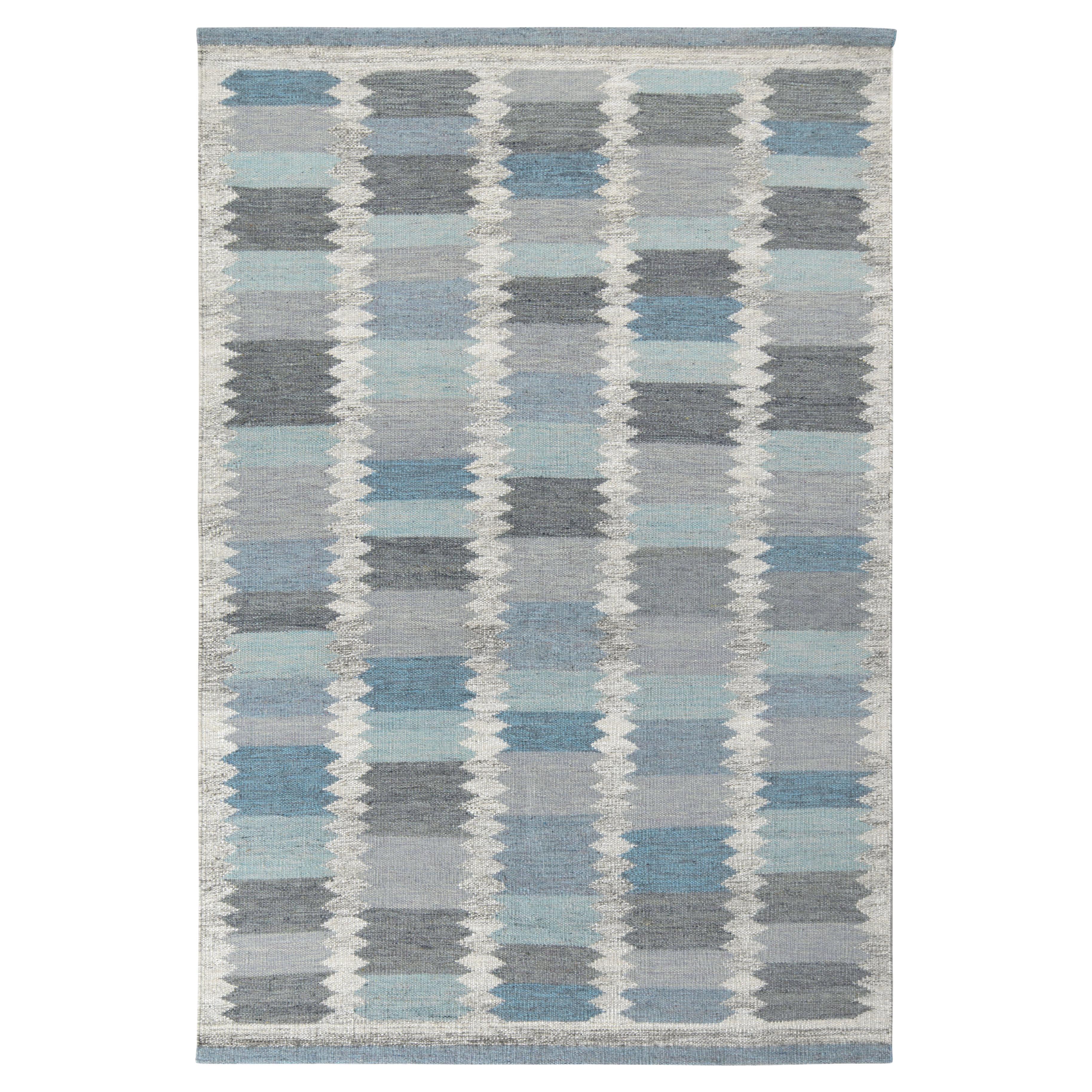 Rug & Kilim’s Scandinavian Style Kilim Rug in Blue, Grey Geometric Pattern