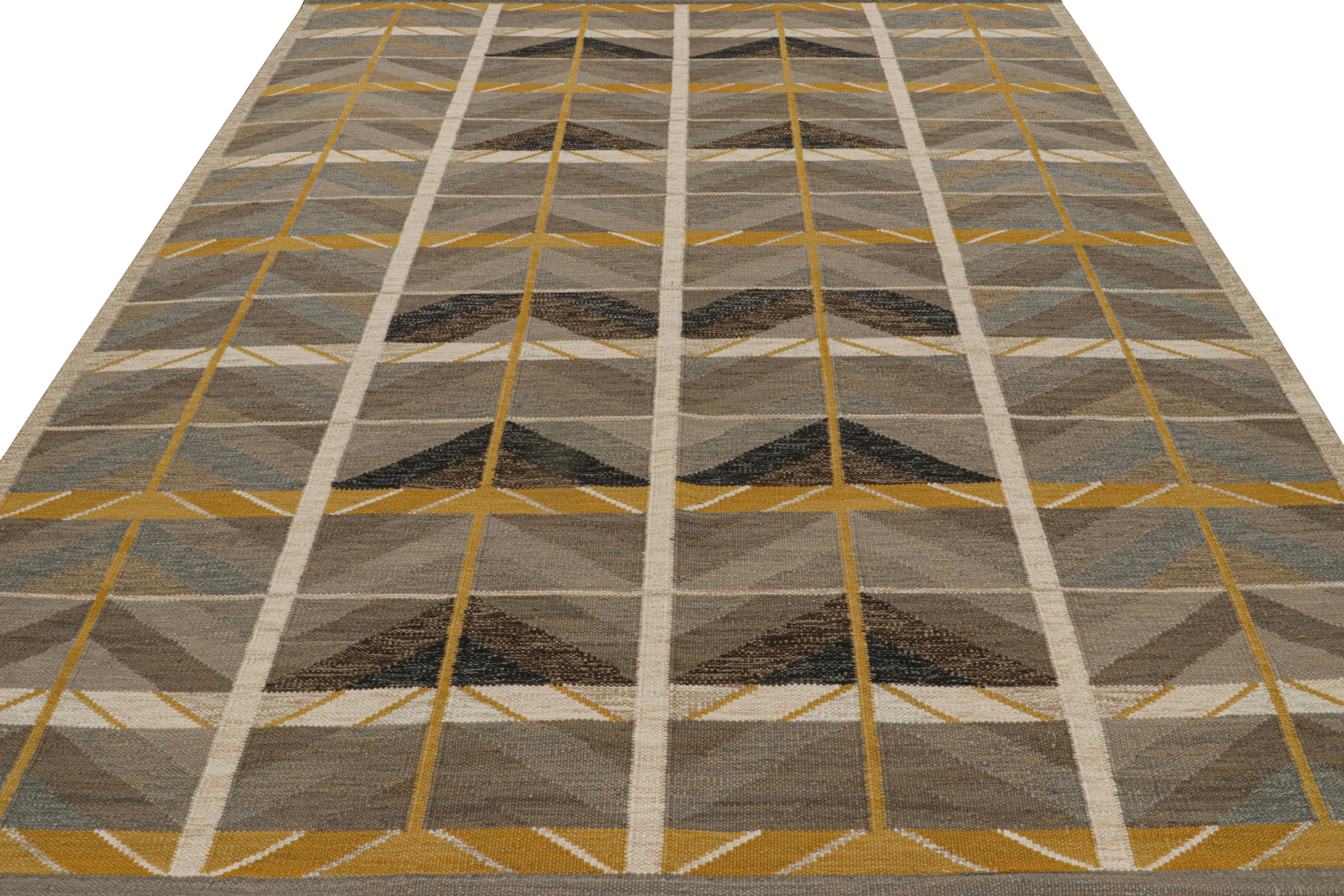 Scandinavian Modern Rug & Kilim’s Scandinavian Style rug in Brown, Blue and Gold Patterns For Sale