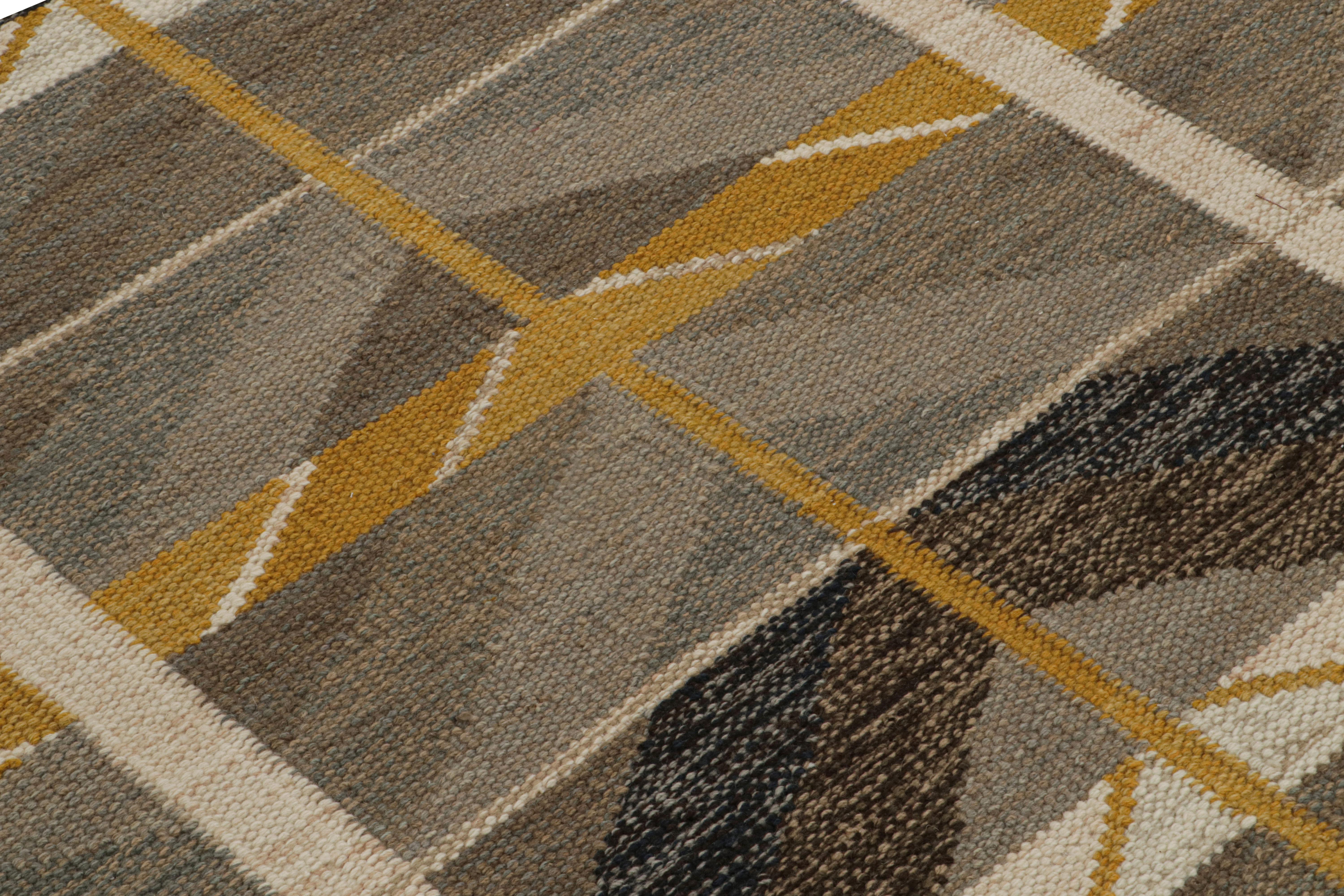 Hand-Woven Rug & Kilim’s Scandinavian Style rug in Brown, Blue and Gold Patterns For Sale