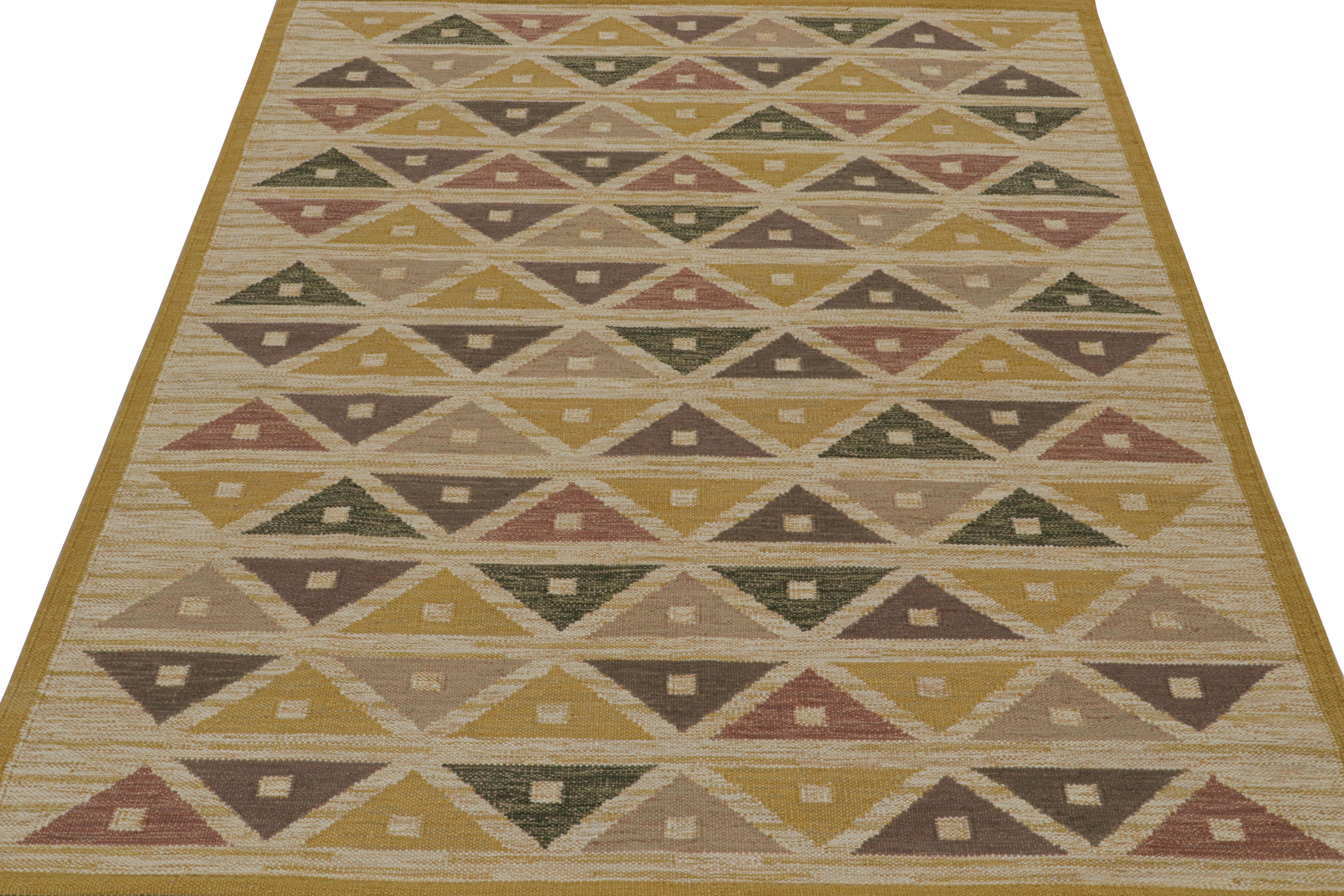 Modern Rug & Kilim’s Scandinavian style Kilim rug in Gold & Brown Geometric Patterns For Sale