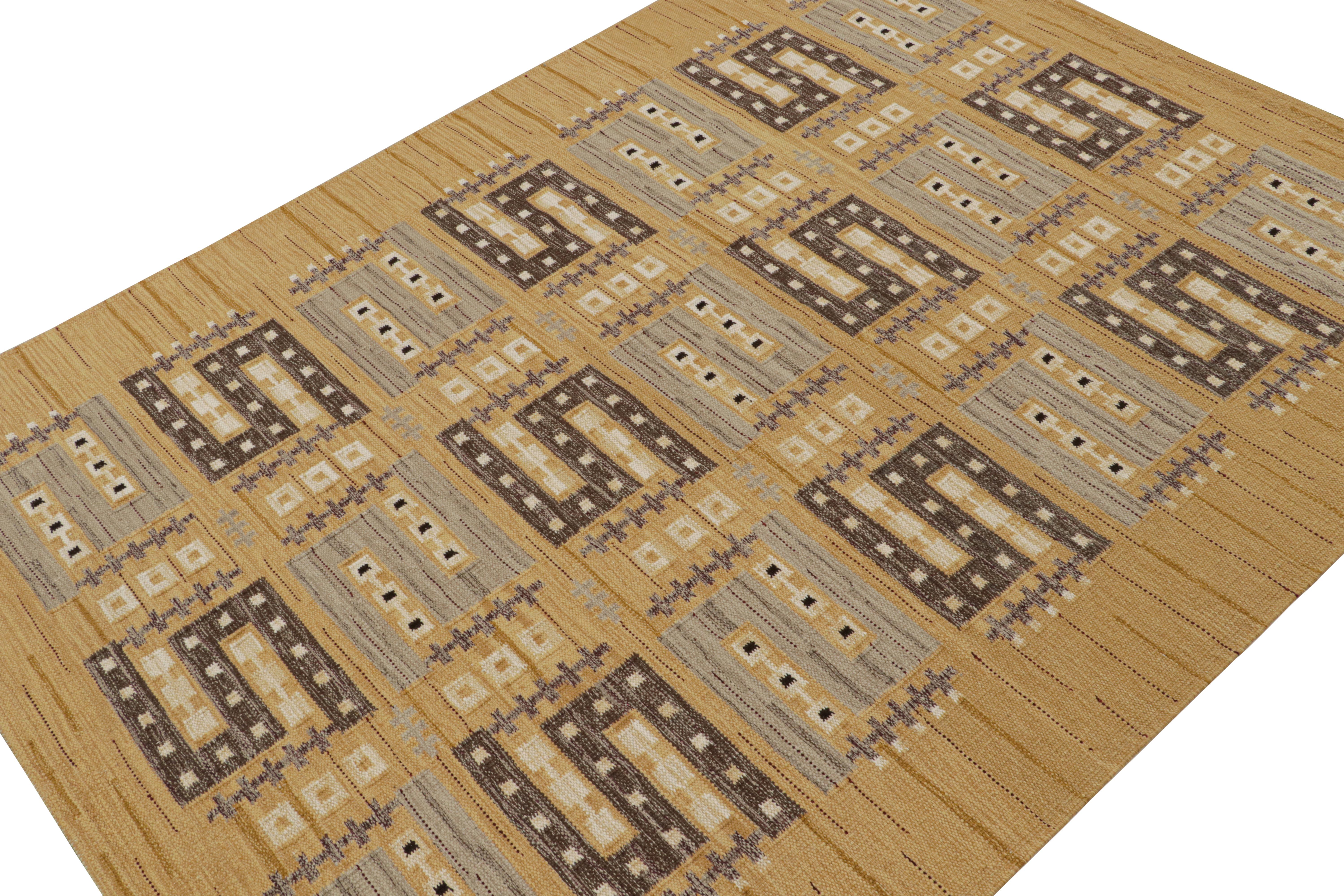 A smart 9x12 Swedish style kilim rug from our award-winning Scandinavian flat weave collection. Handwoven in wool, cotton & undyed natural yarn.

On the Design: 

This rug enjoys geometric patterns in gold & brown. Keen eyes will admire undyed,