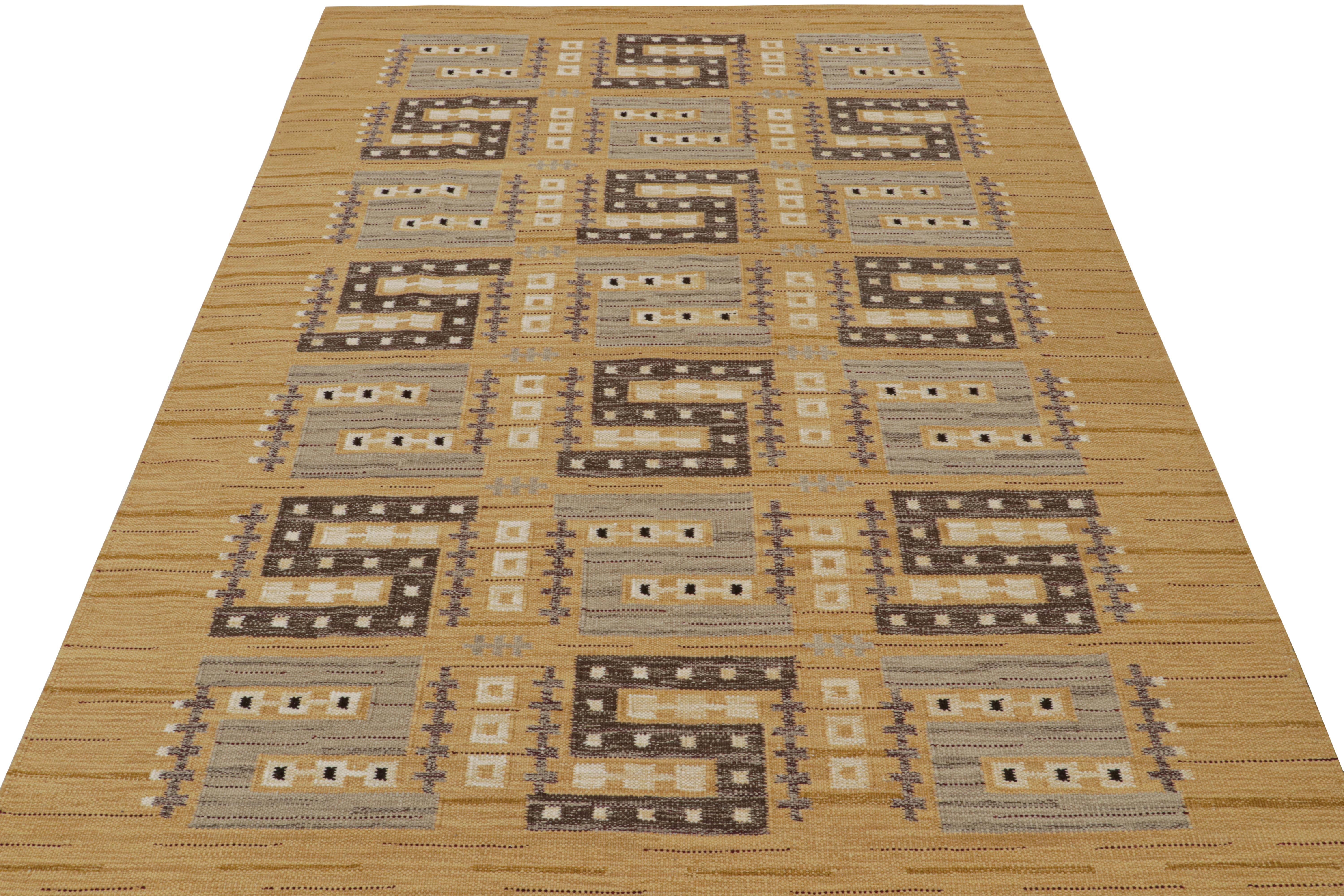 Modern Rug & Kilim’s Scandinavian Style Kilim Rug in Gold with Geometric Patterns For Sale