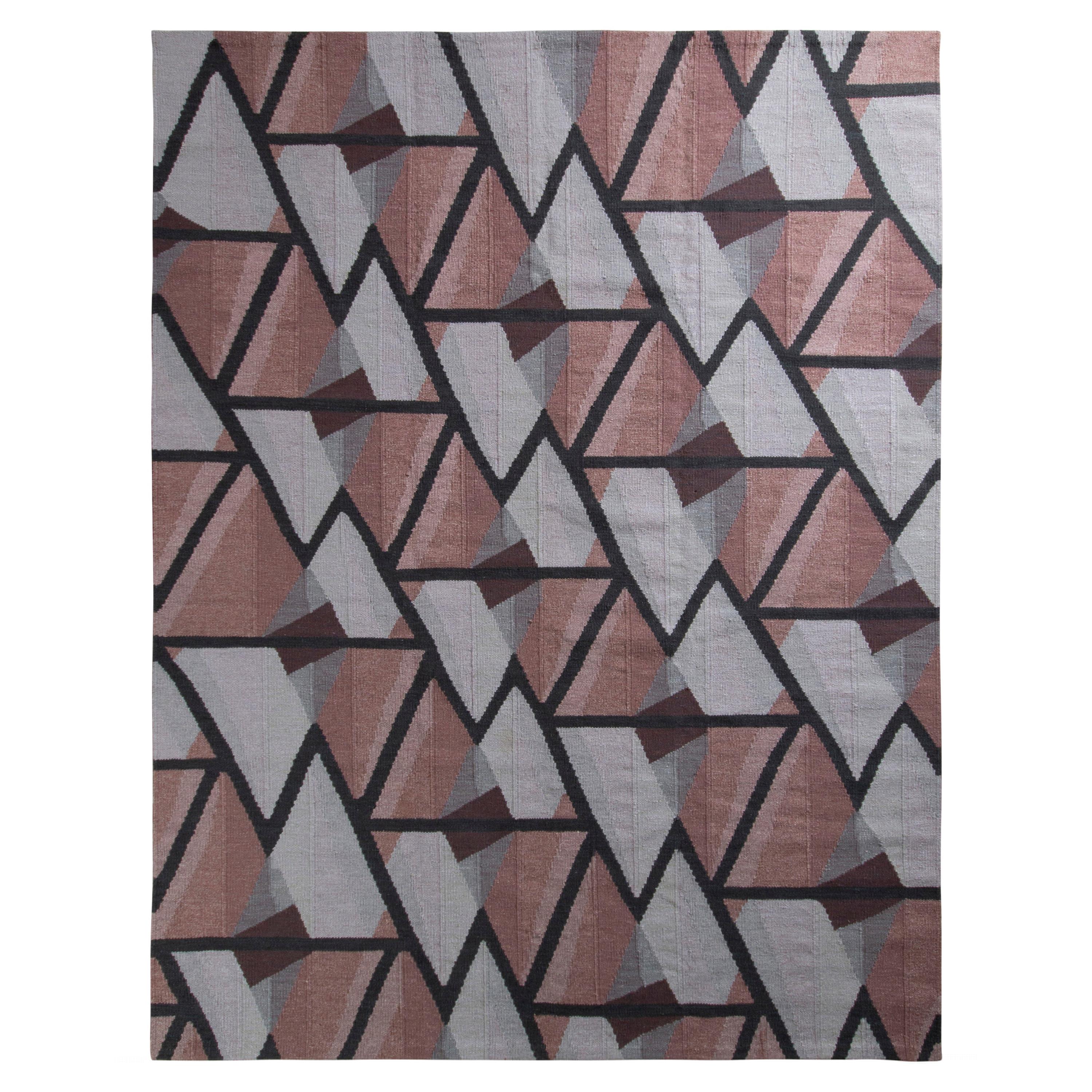 Rug & Kilim’s Scandinavian Style Kilim Rug in Gray and Pink Geometric Pattern For Sale