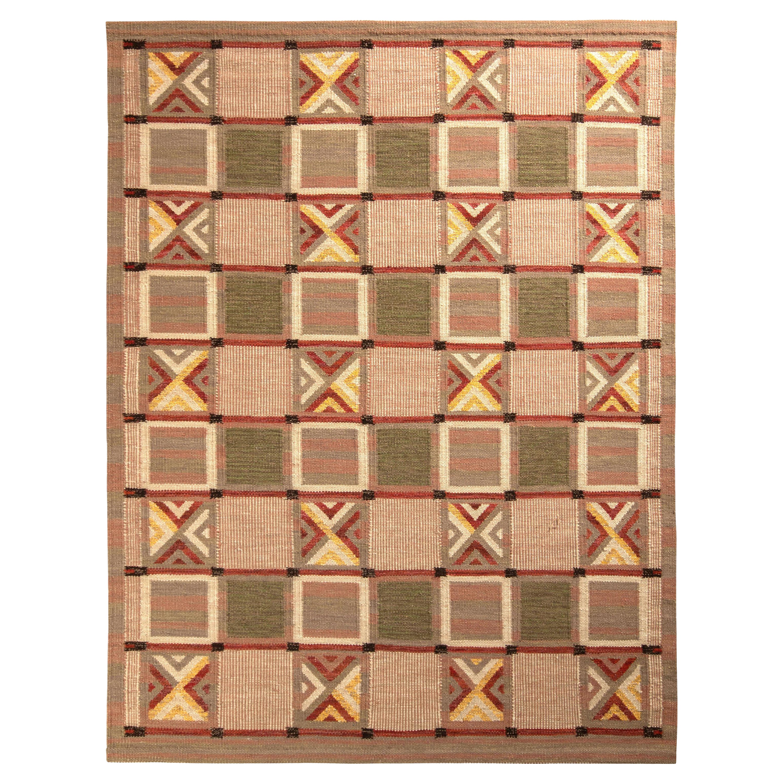 Rug & Kilim's skandinavischer Kilim-Teppich in Grün und Beige mit geometrischem Muster