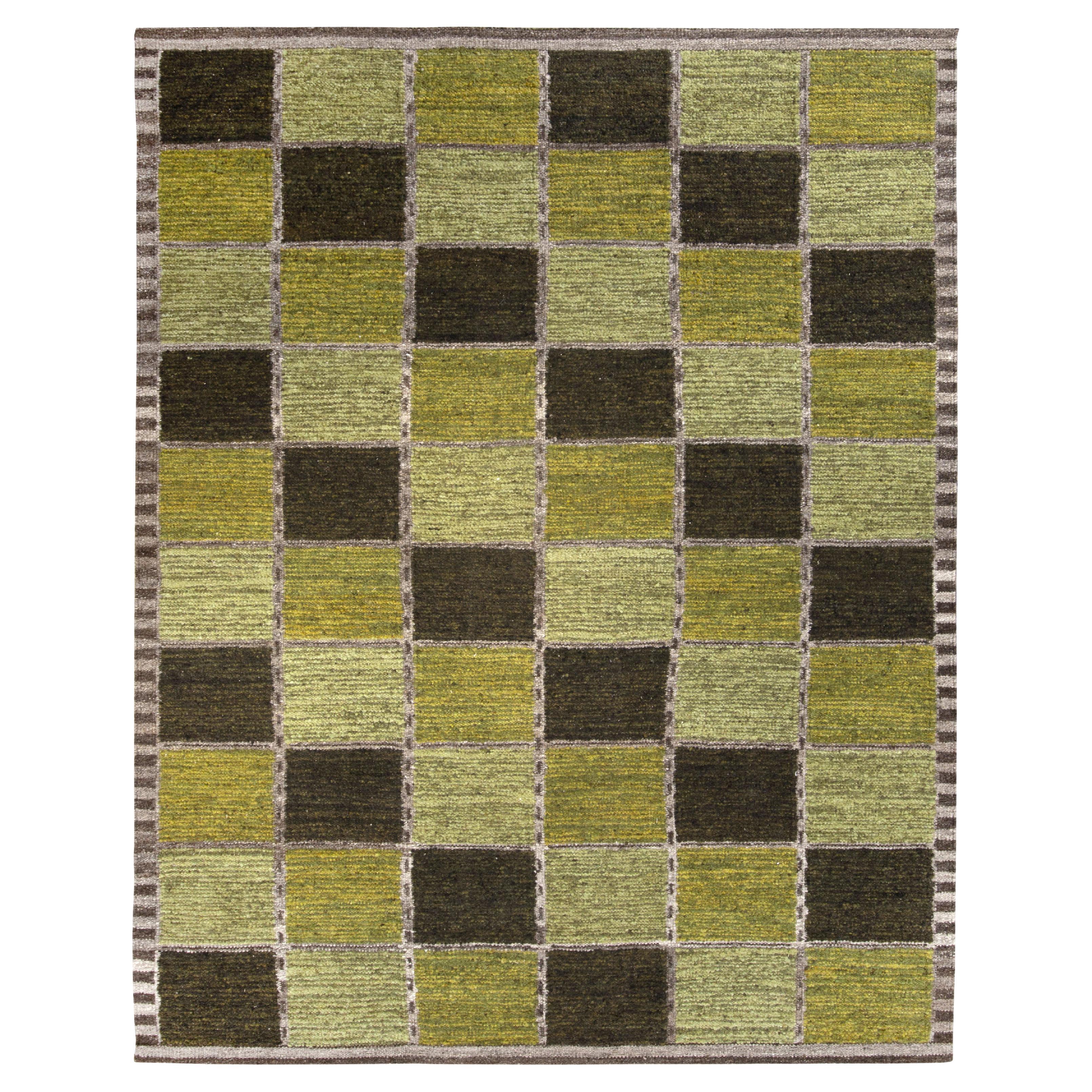 Rug & Kilim’s Scandinavian Style Kilim Rug in Green Geometric Pattern